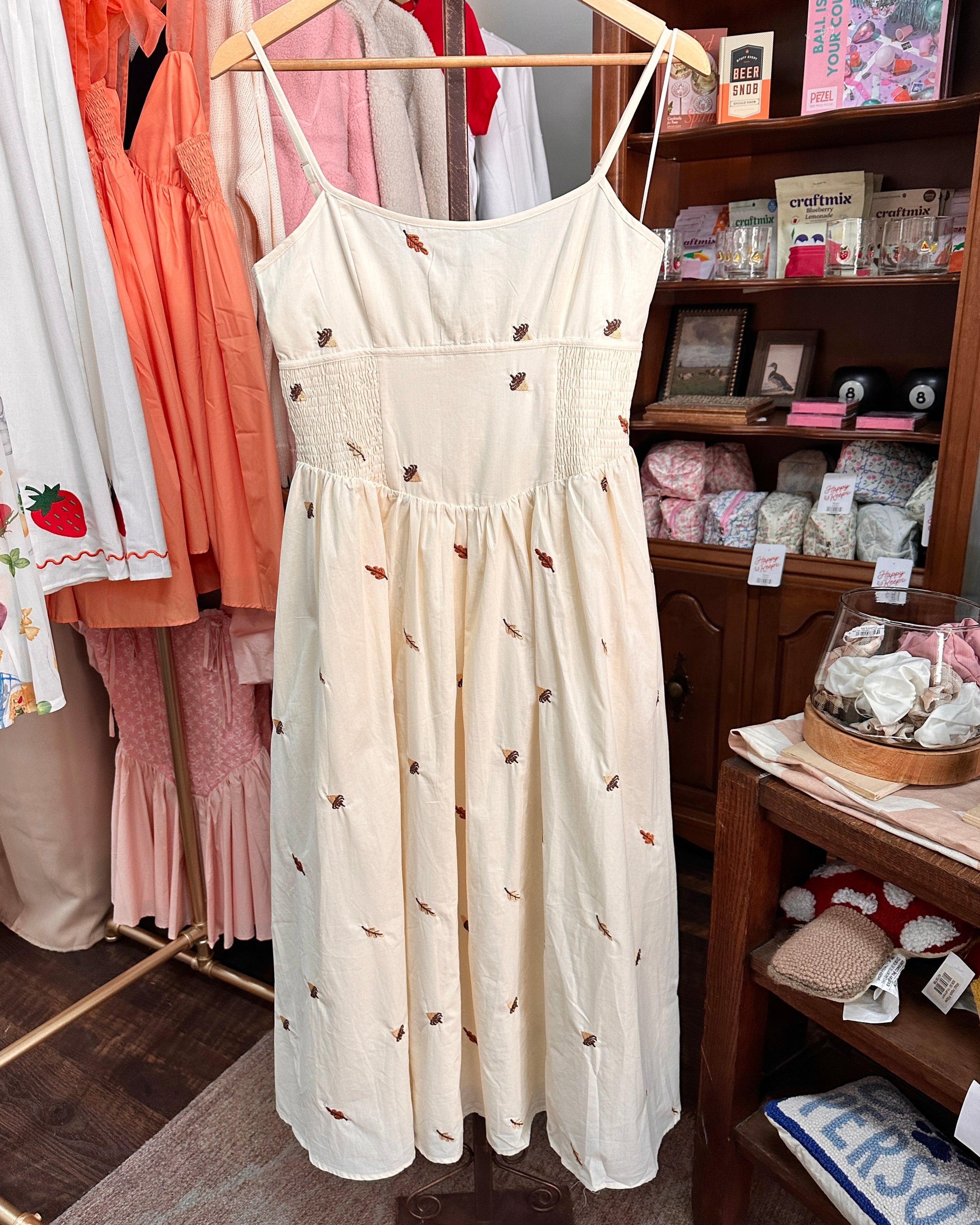 Embroidered Leaf & Acorns Maxi Dress Small