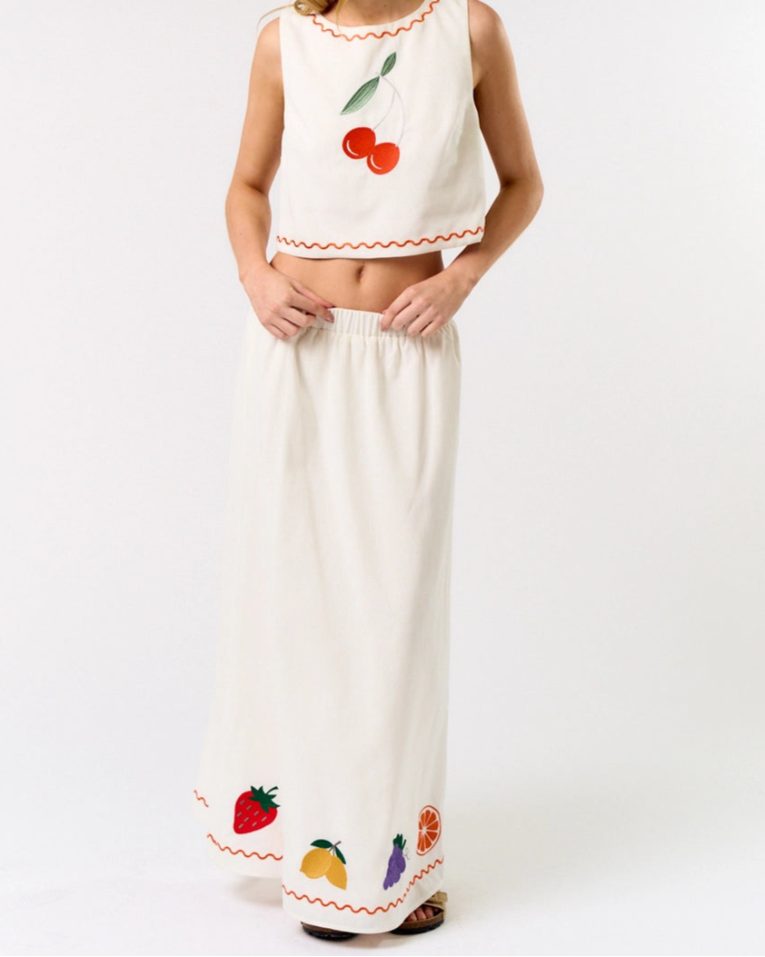 Linen Fruit Embroidered Top