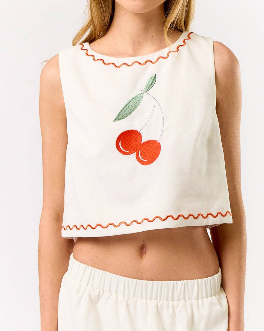 Linen Fruit Embroidered Top