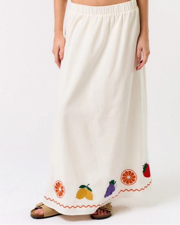Linen Fruit Embroidered Skirt