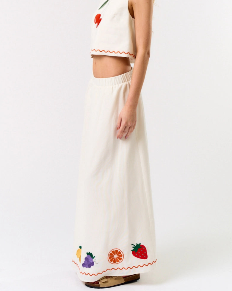 Linen Fruit Embroidered Skirt