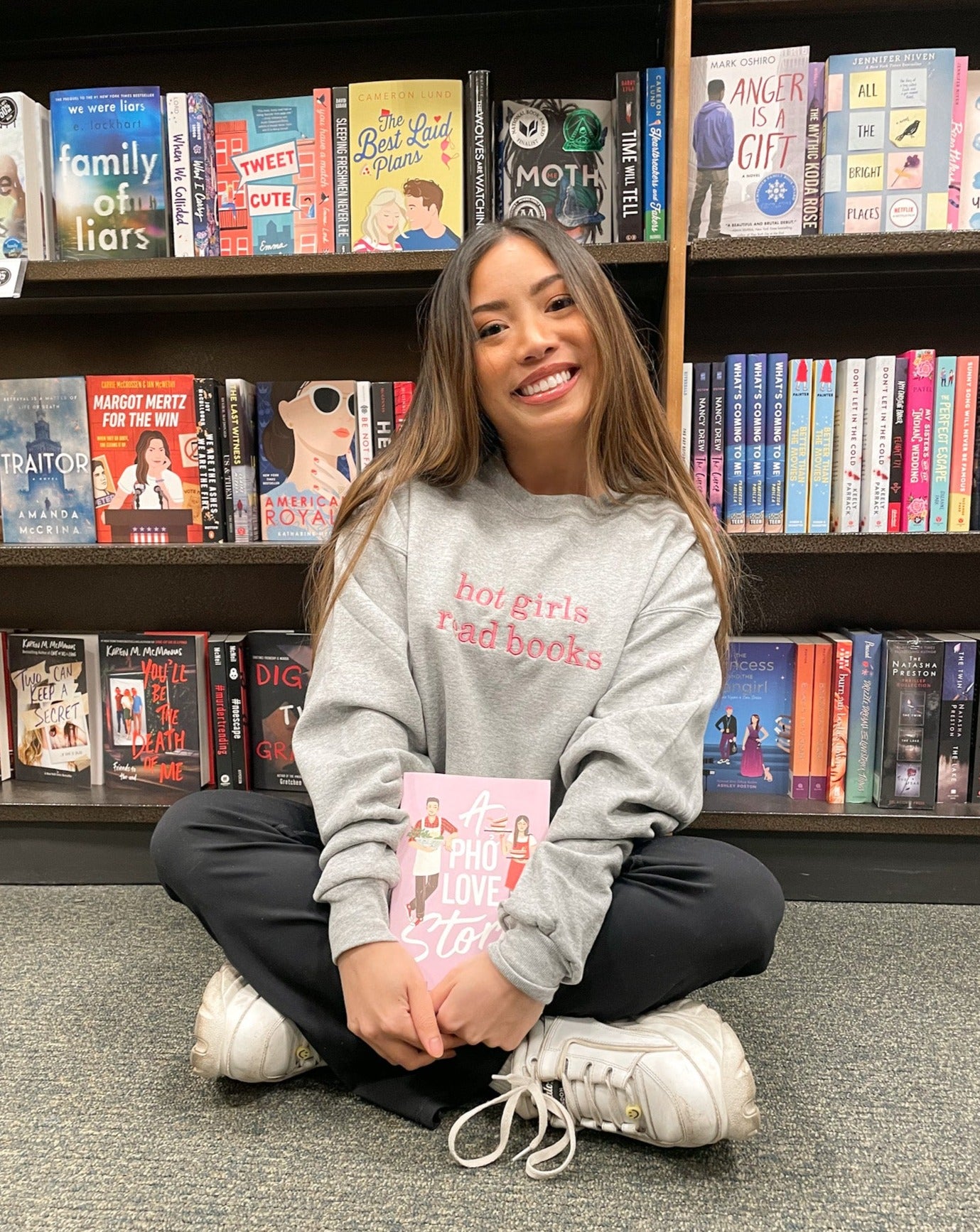 Hot Girls Read Books Steel Gray Crewneck - Hot Pink Thread