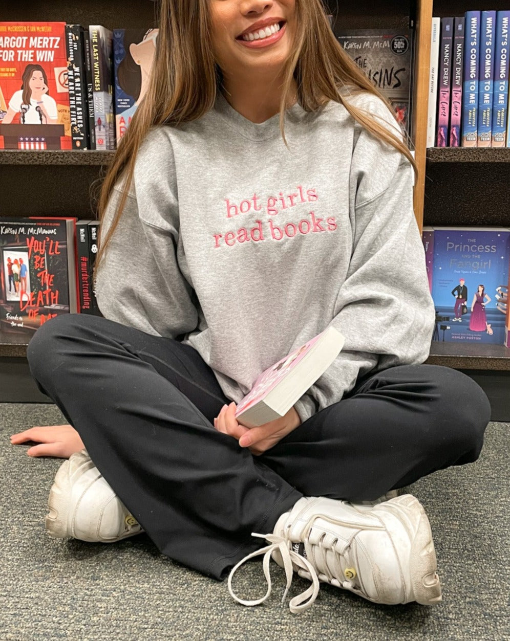 Hot Girls Read Books Steel Gray Crewneck - Hot Pink Thread
