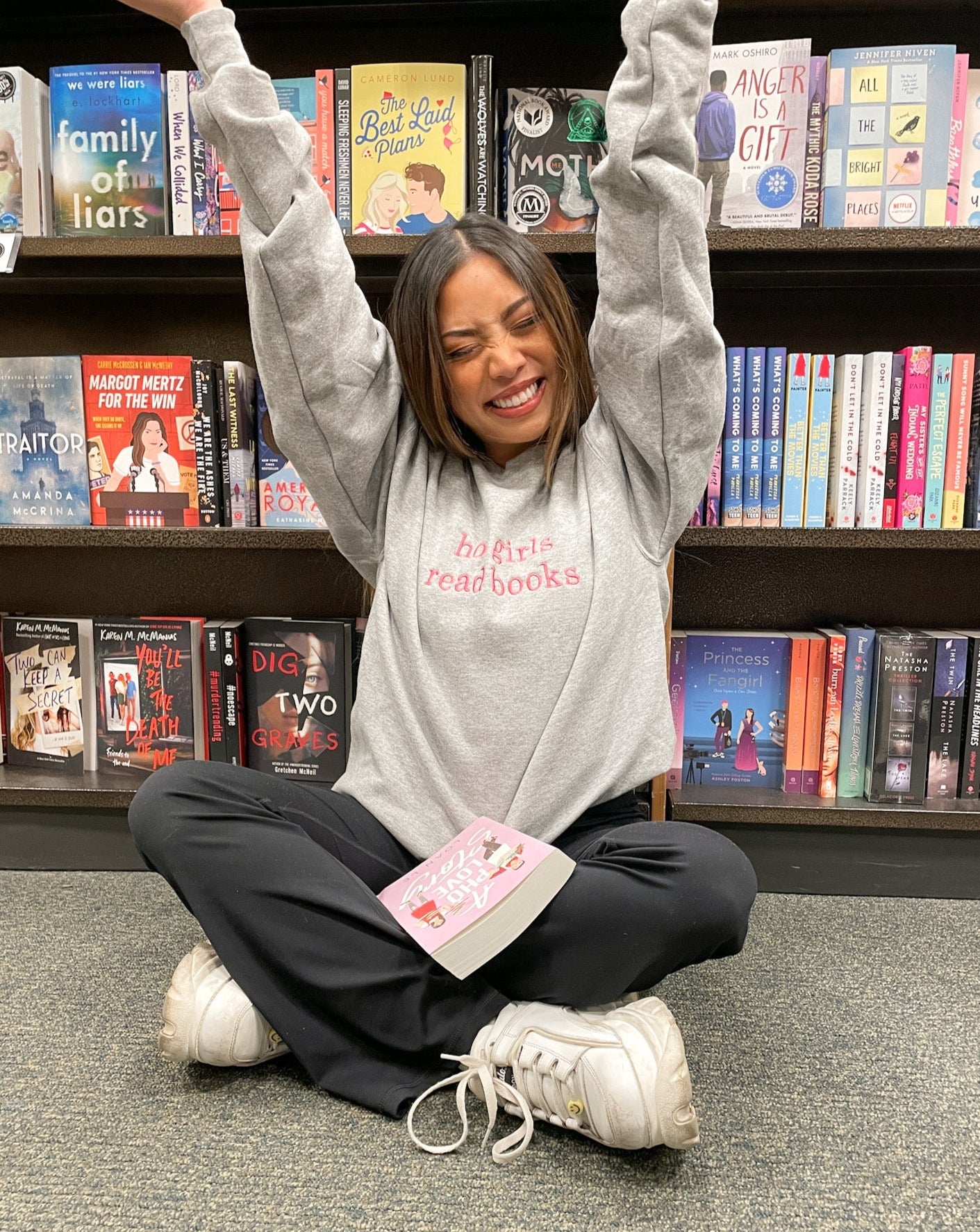 Hot Girls Read Books Steel Gray Crewneck - Hot Pink Thread