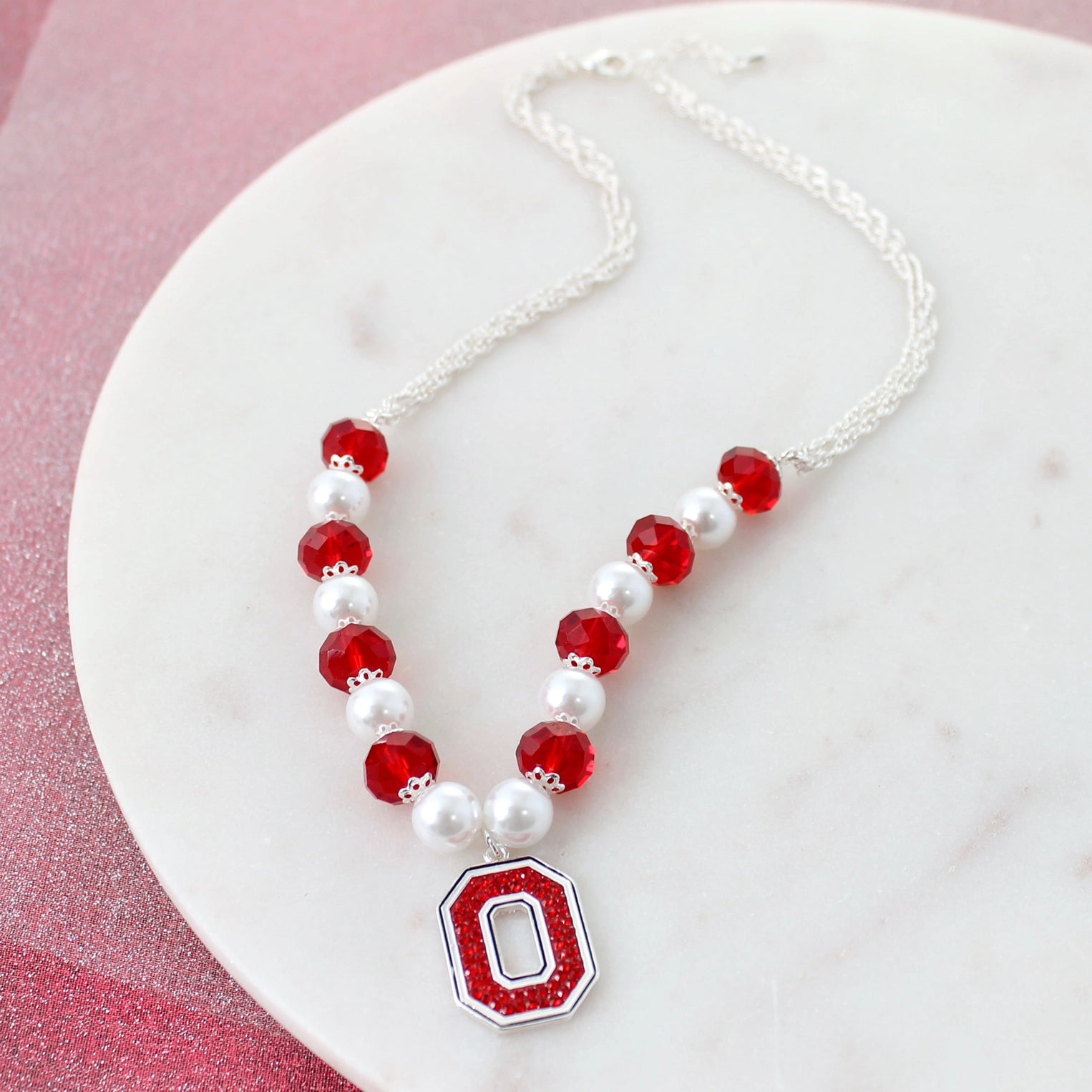 18"-20" Ohio State Pearl & Crystal Necklace