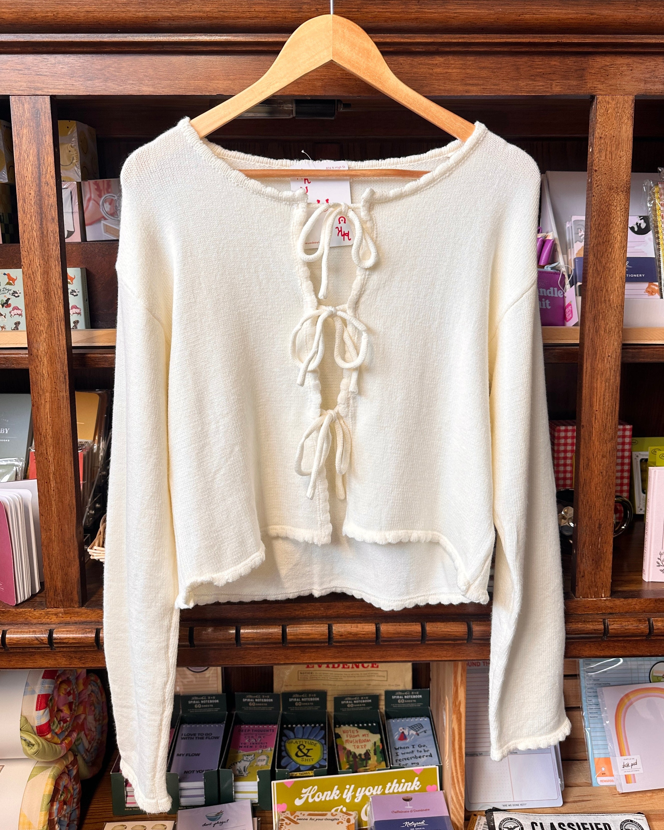 Long Sleeve Tie Font Sweater Top - Ivory