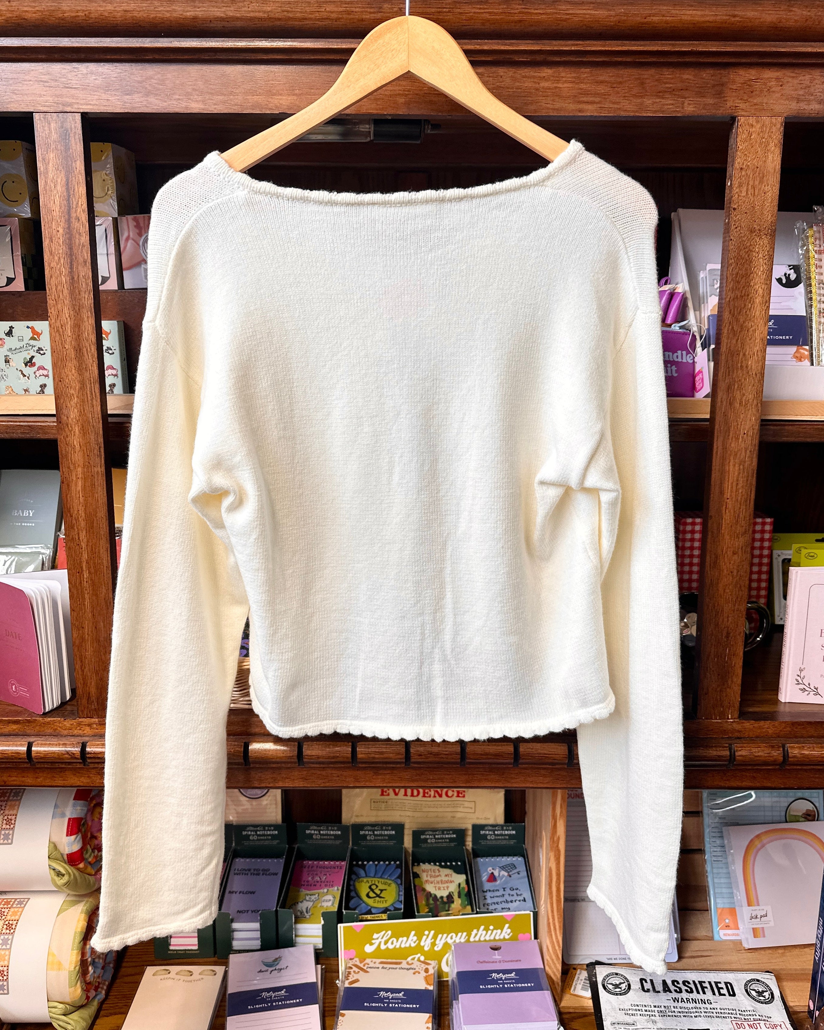 Long Sleeve Tie Font Sweater Top - Ivory
