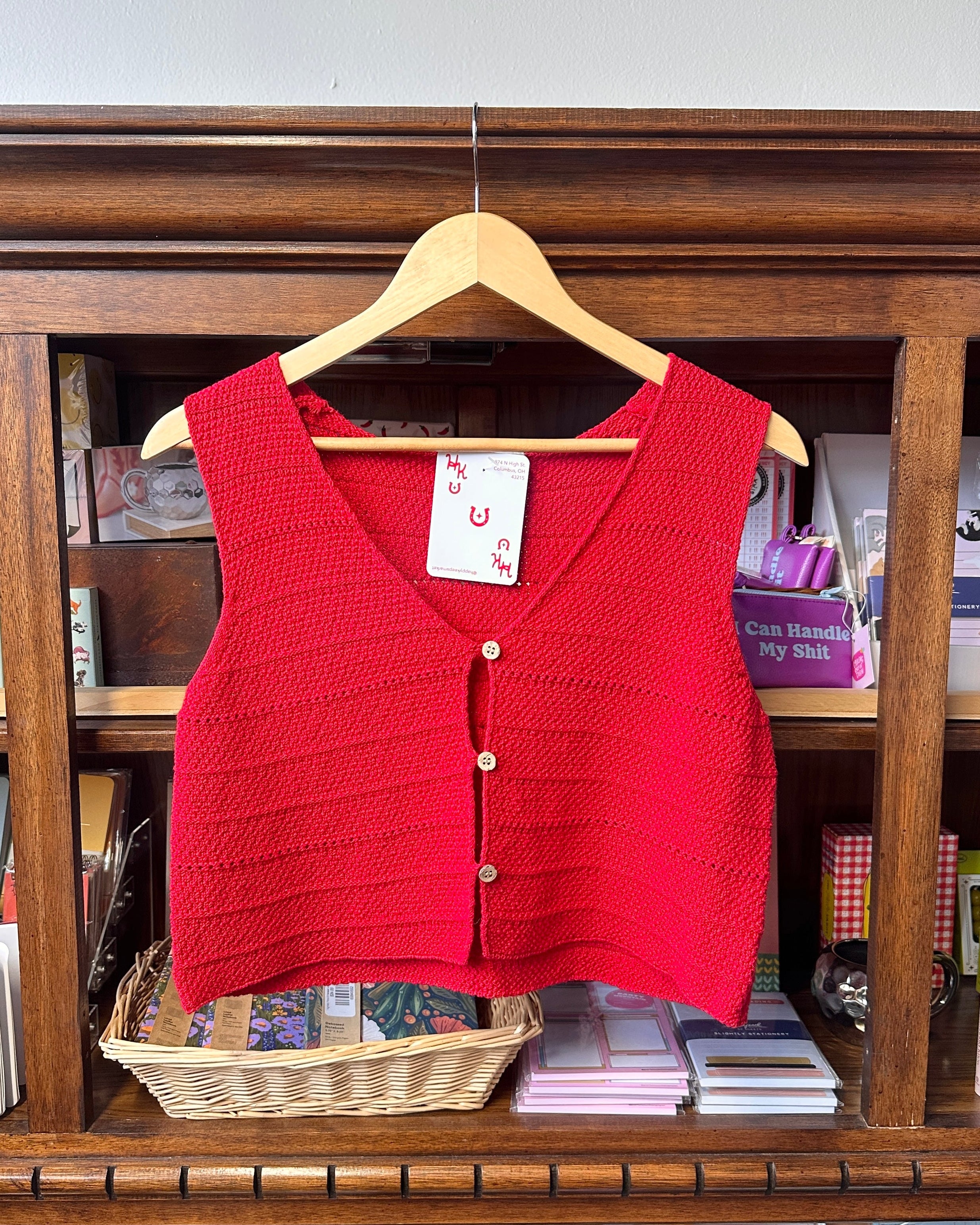 Knit Button Vest - Red