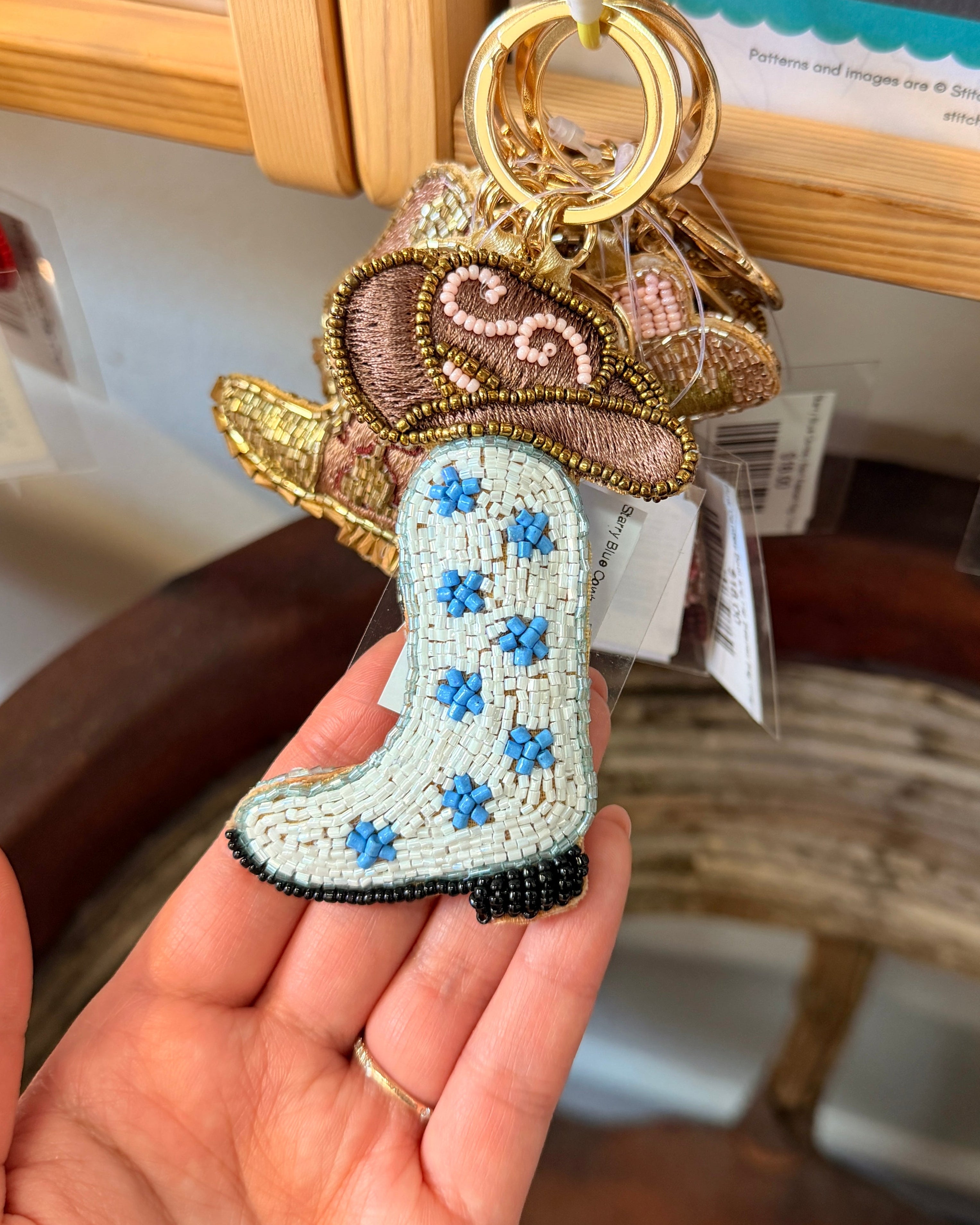 Starry Blue Cowboy Boot Beaded Bag Charm