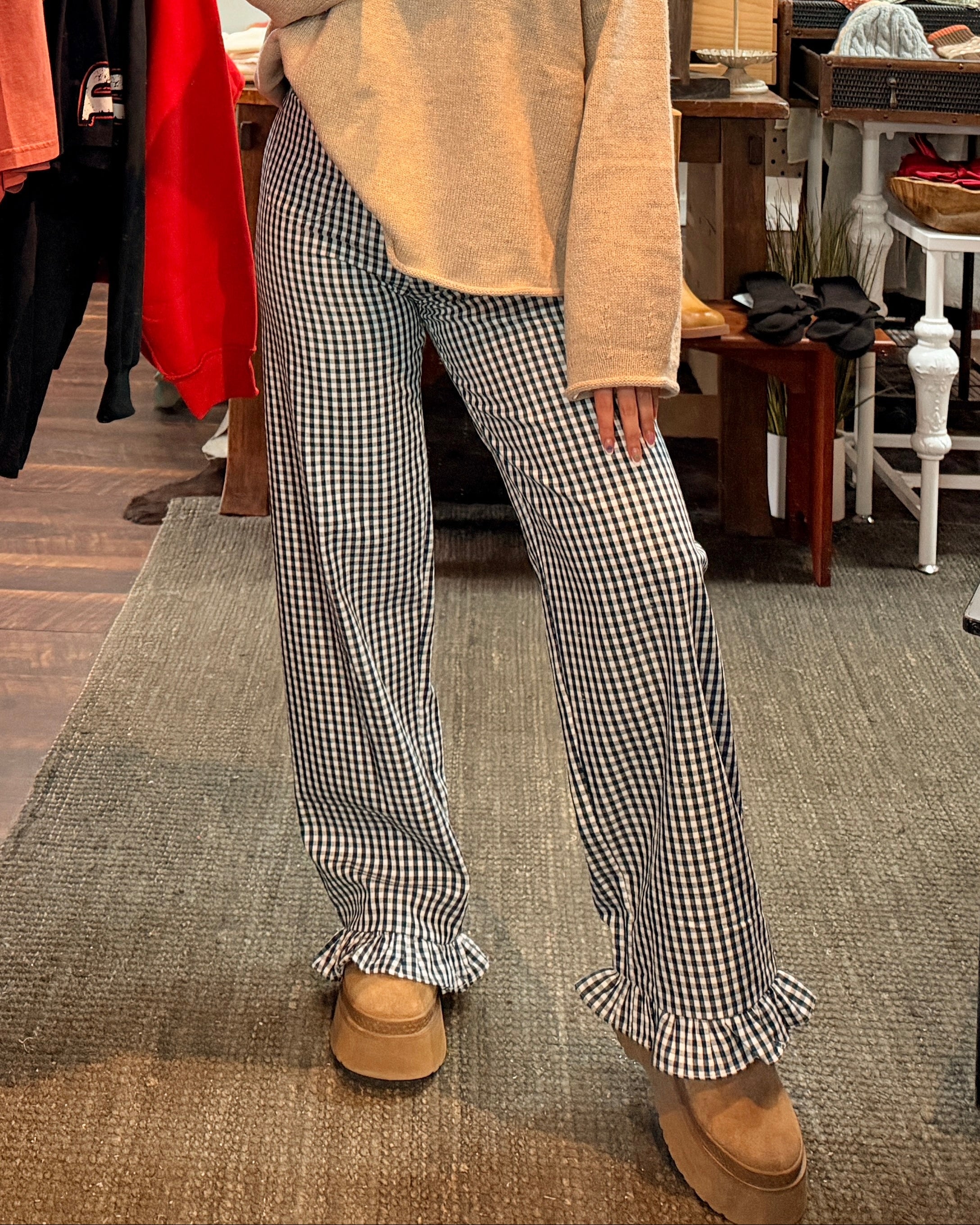 Gingham High-Waisted Ruffled Hem Pants