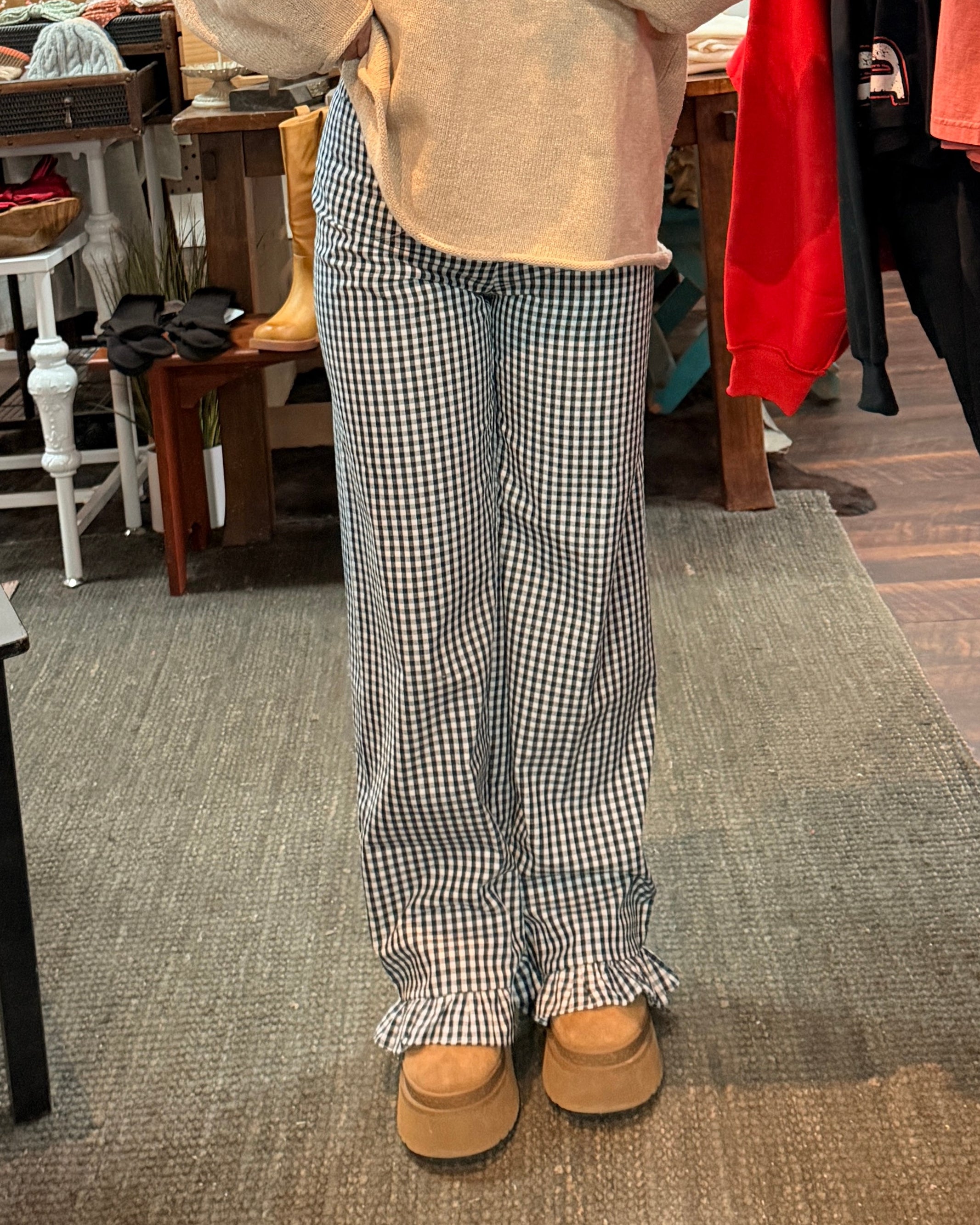 Gingham High-Waisted Ruffled Hem Pants