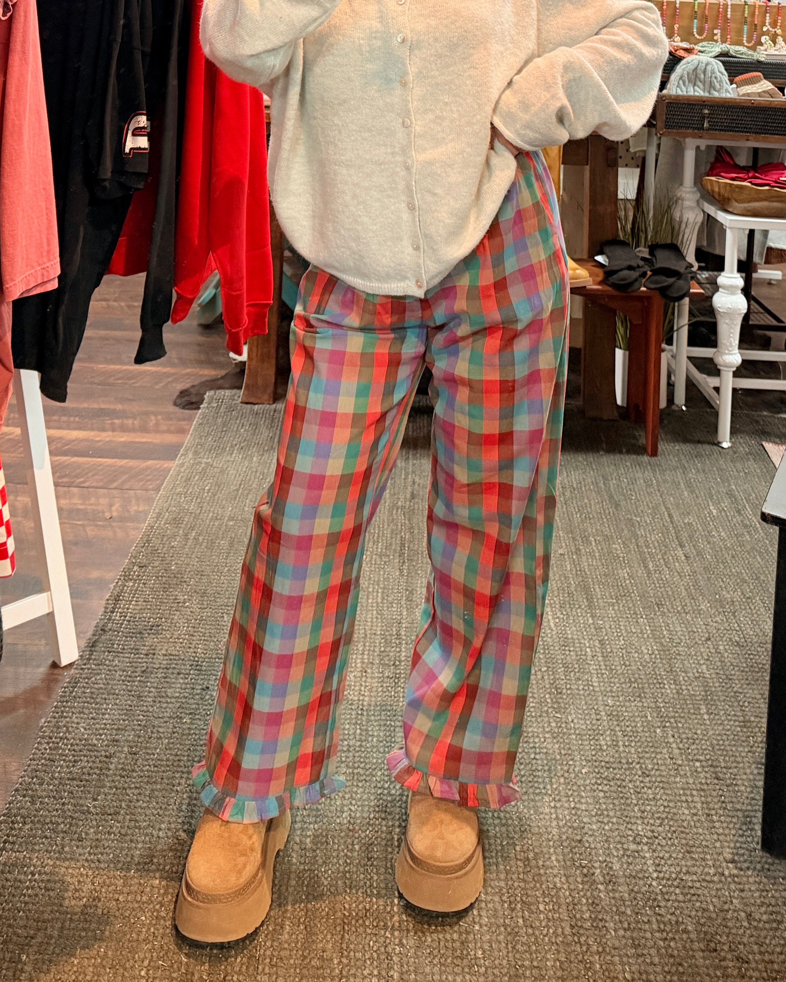 Colorful Plaid Ruffle Hem Pants