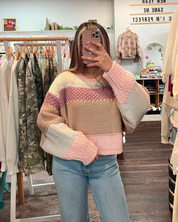 Cropped Knit Sweater - Pink Multi Color