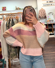 Cropped Knit Sweater - Pink Multi Color