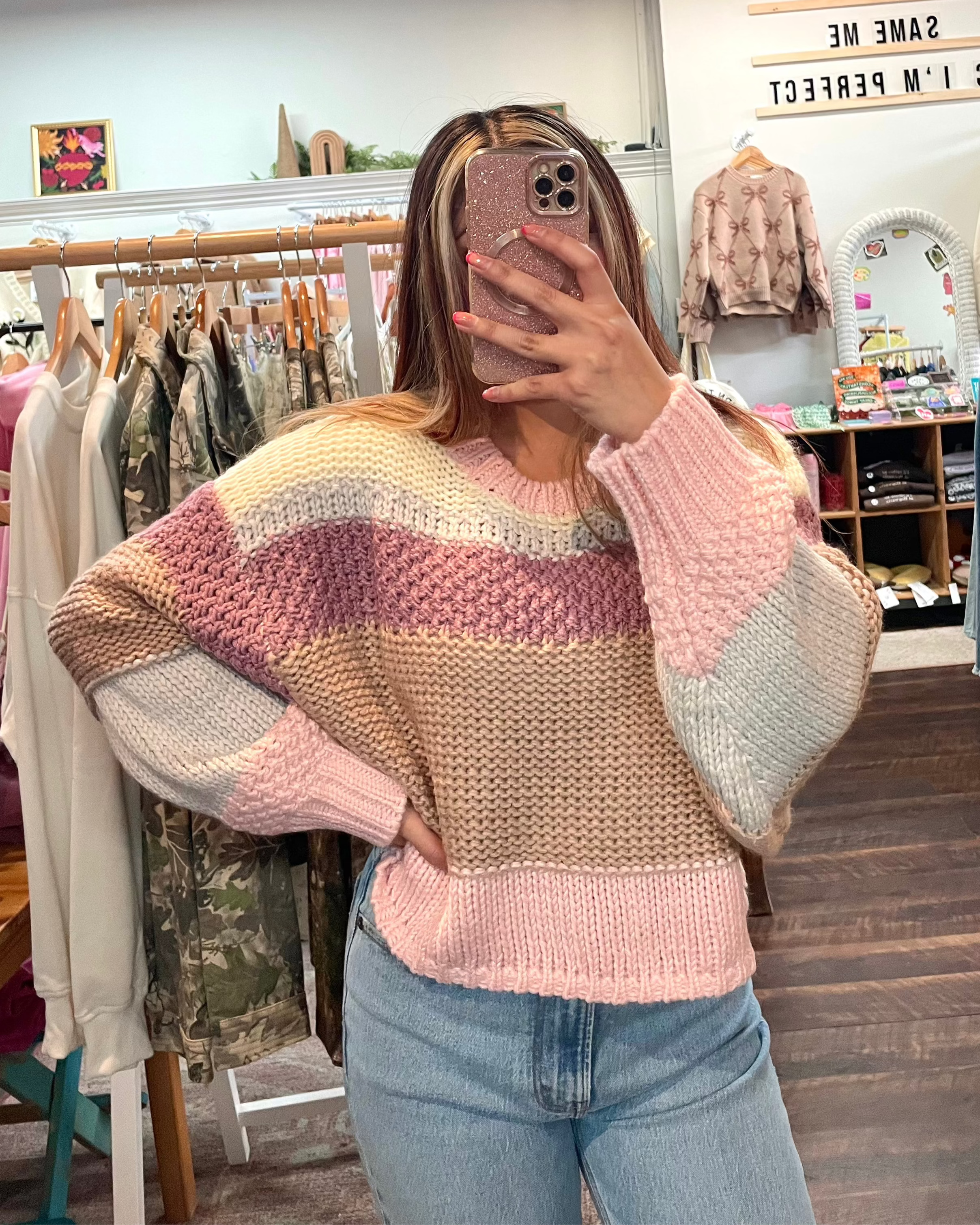 Cropped Knit Sweater - Pink Multi Color