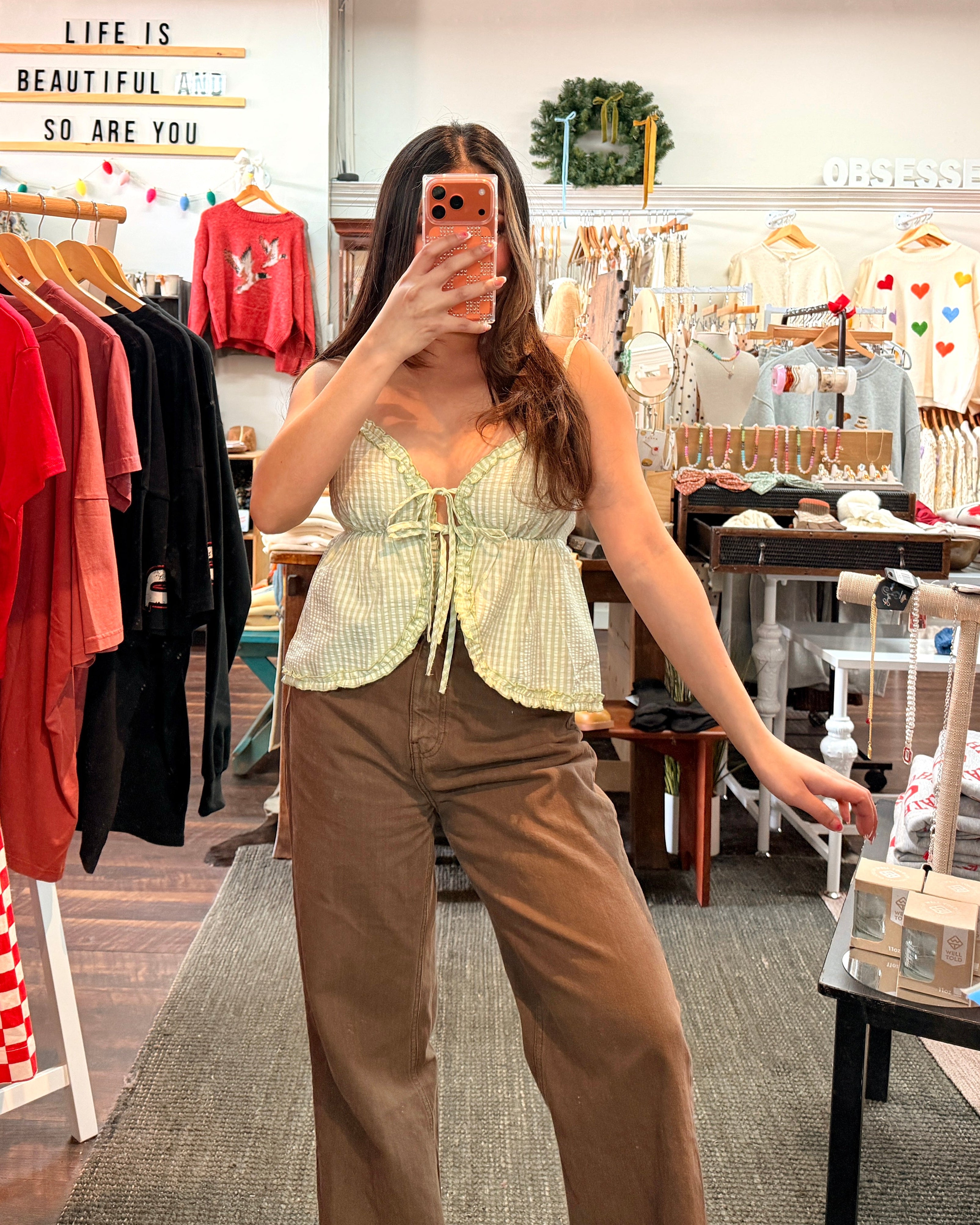 Green and White Gingham Tie Front Ruffle Trim Top