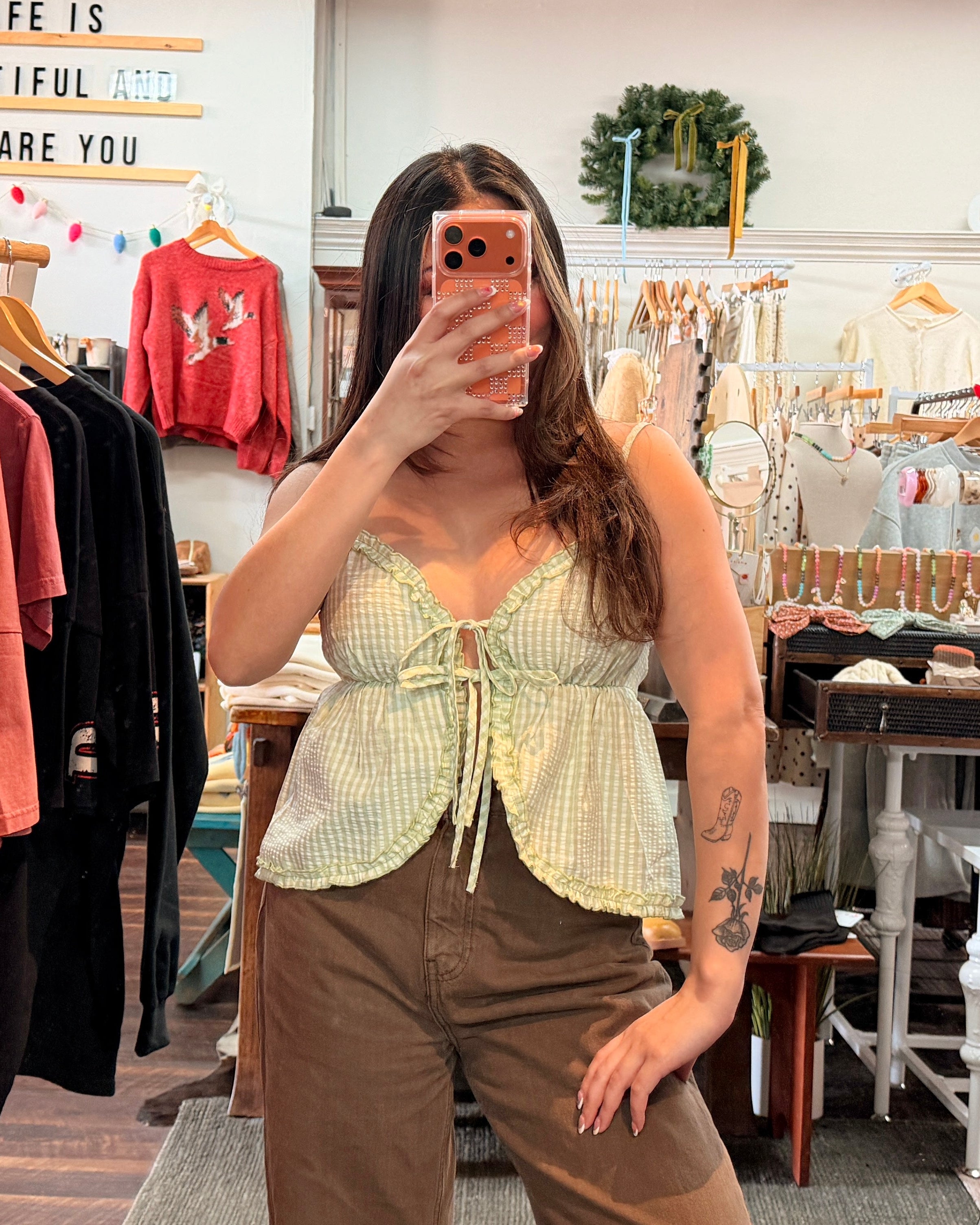 Green and White Gingham Tie Front Ruffle Trim Top