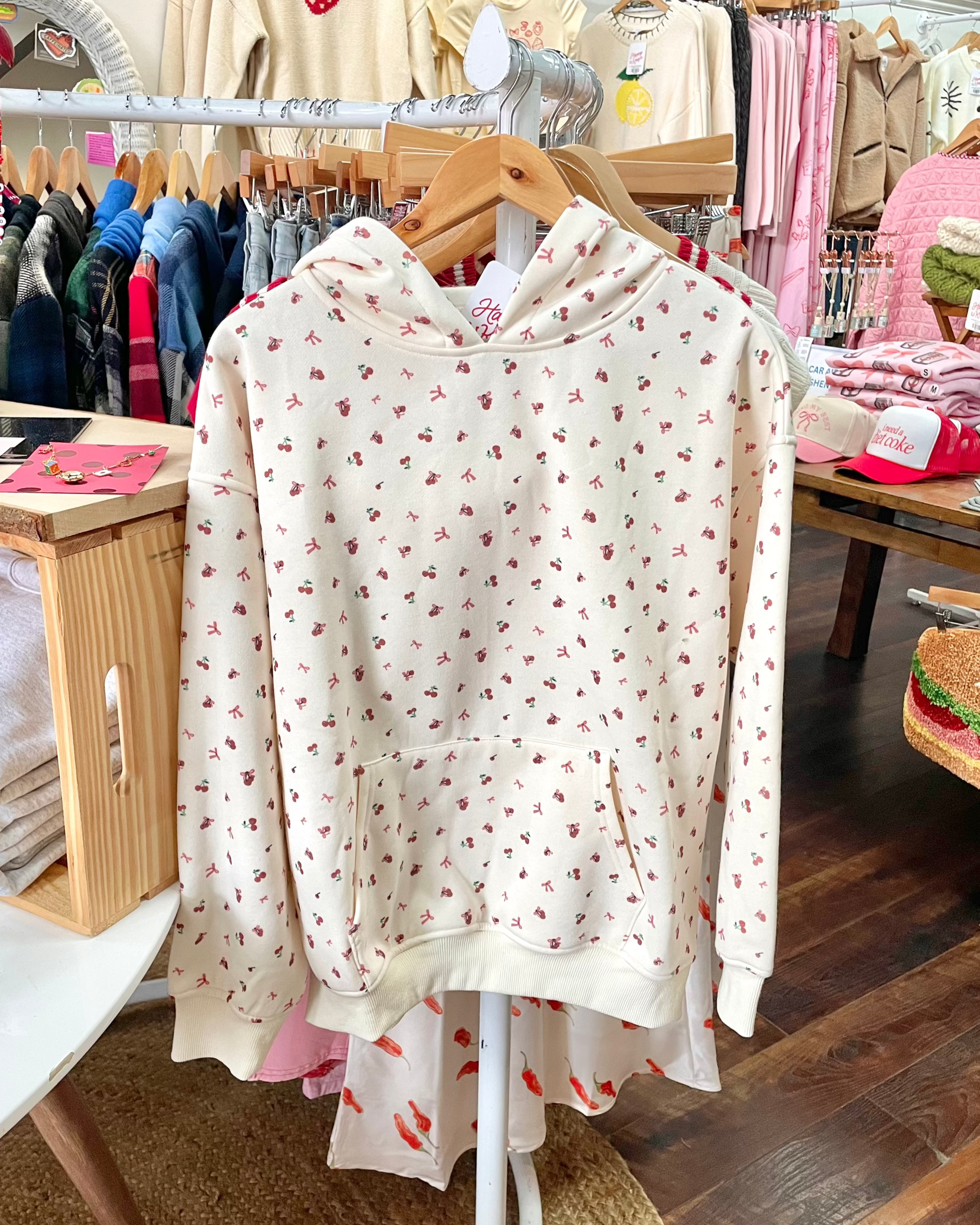 Cherry Bow Print Hoodie - Ivory