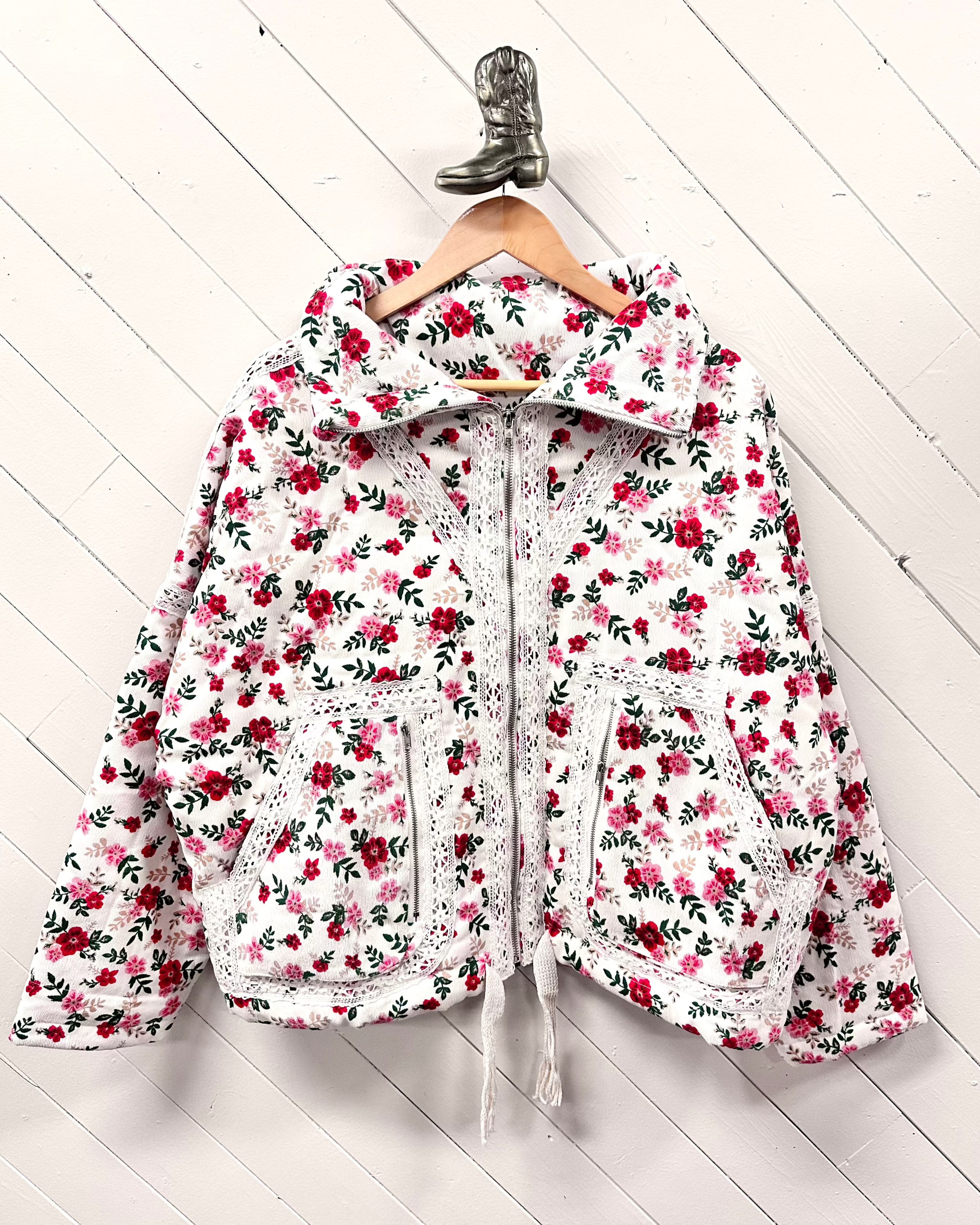 High Neck Floral Front Pocket Overfit Jacket