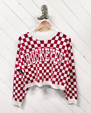 Buckeyes Red and Cream Checkered Sweater - Mock Neck Crop Top