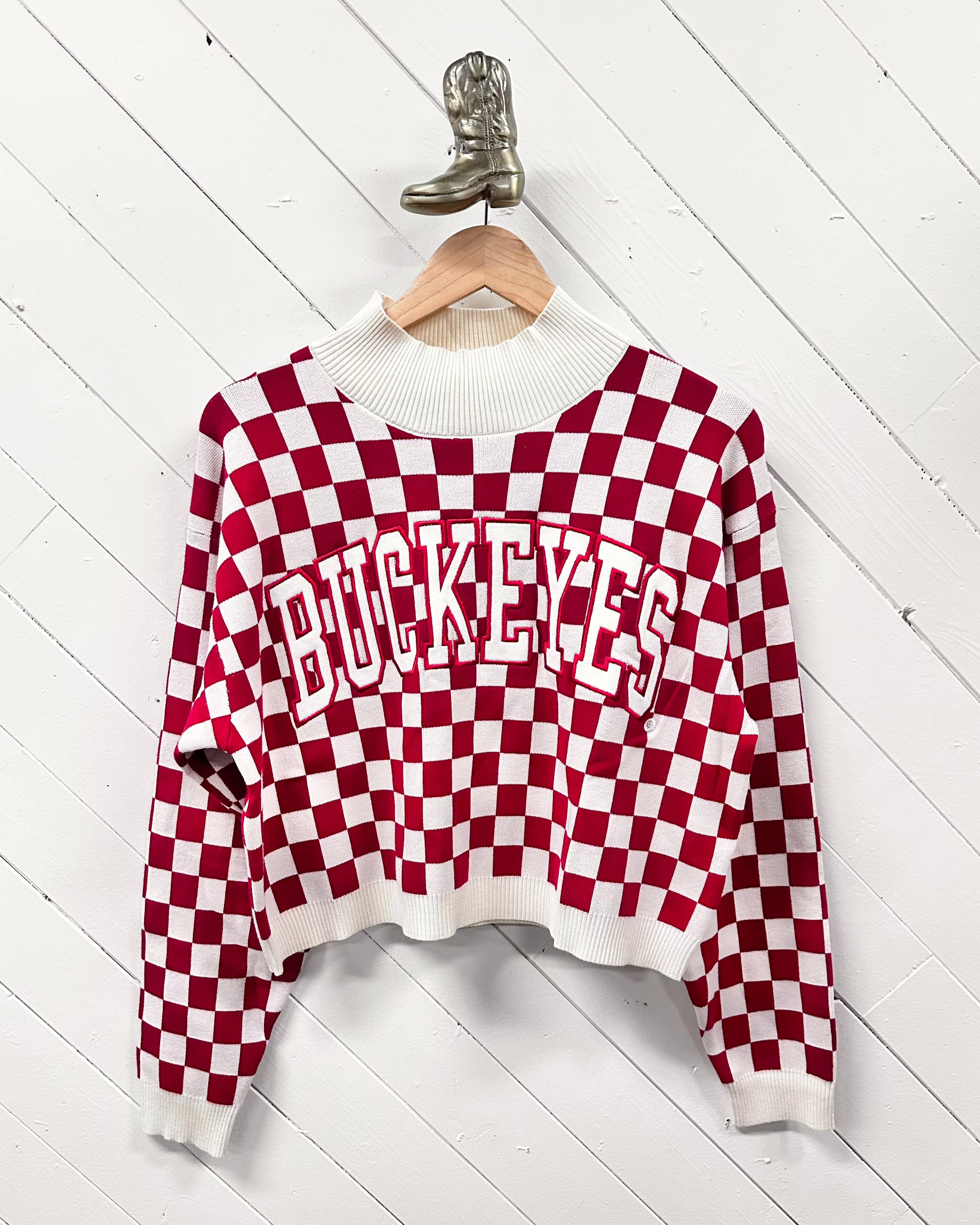 Buckeyes Red and Cream Checkered Sweater - Mock Neck Crop Top