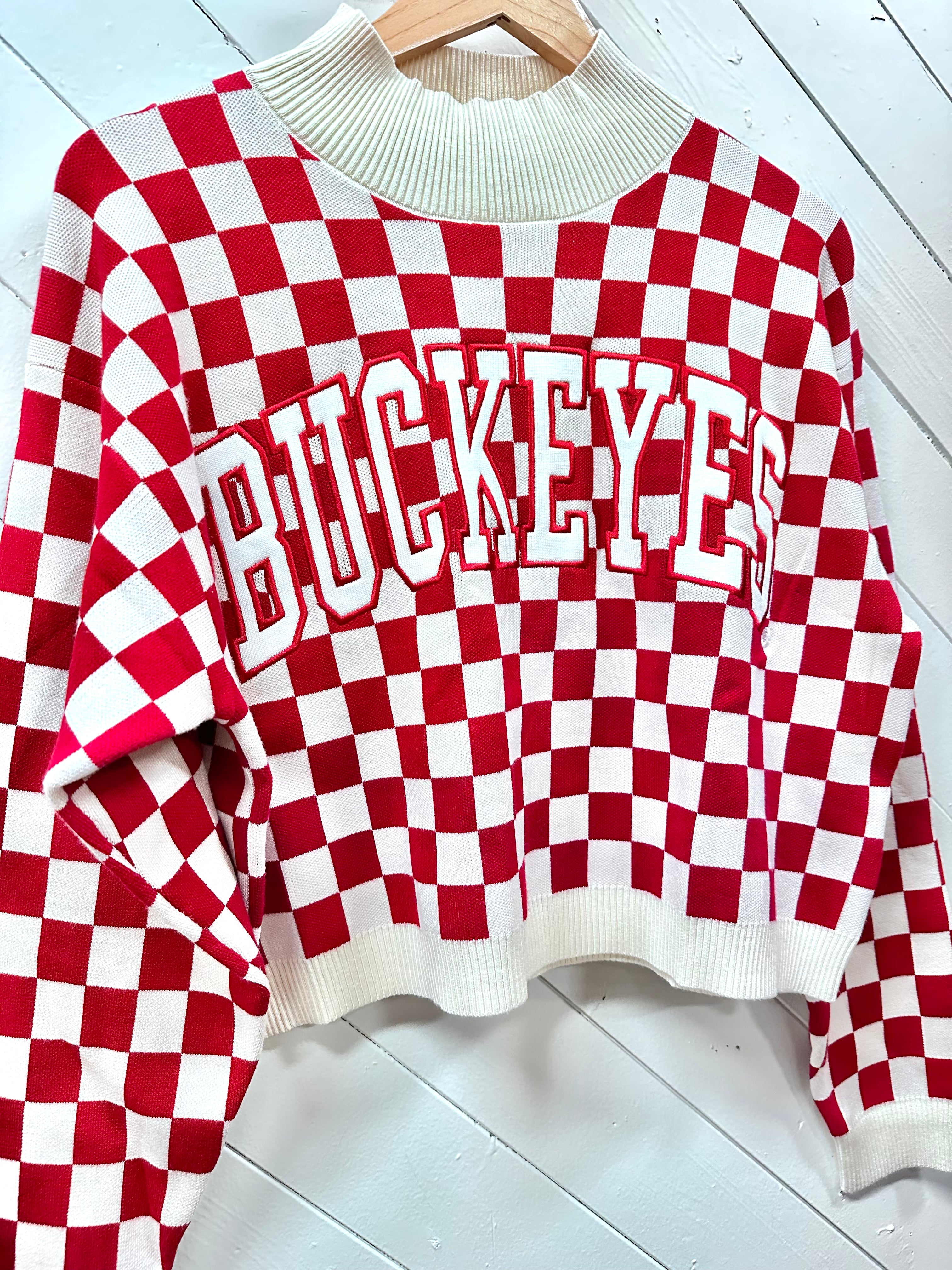 Buckeyes Red and Cream Checkered Sweater - Mock Neck Crop Top