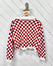 Buckeyes Red and Cream Checkered Sweater - Mock Neck Crop Top