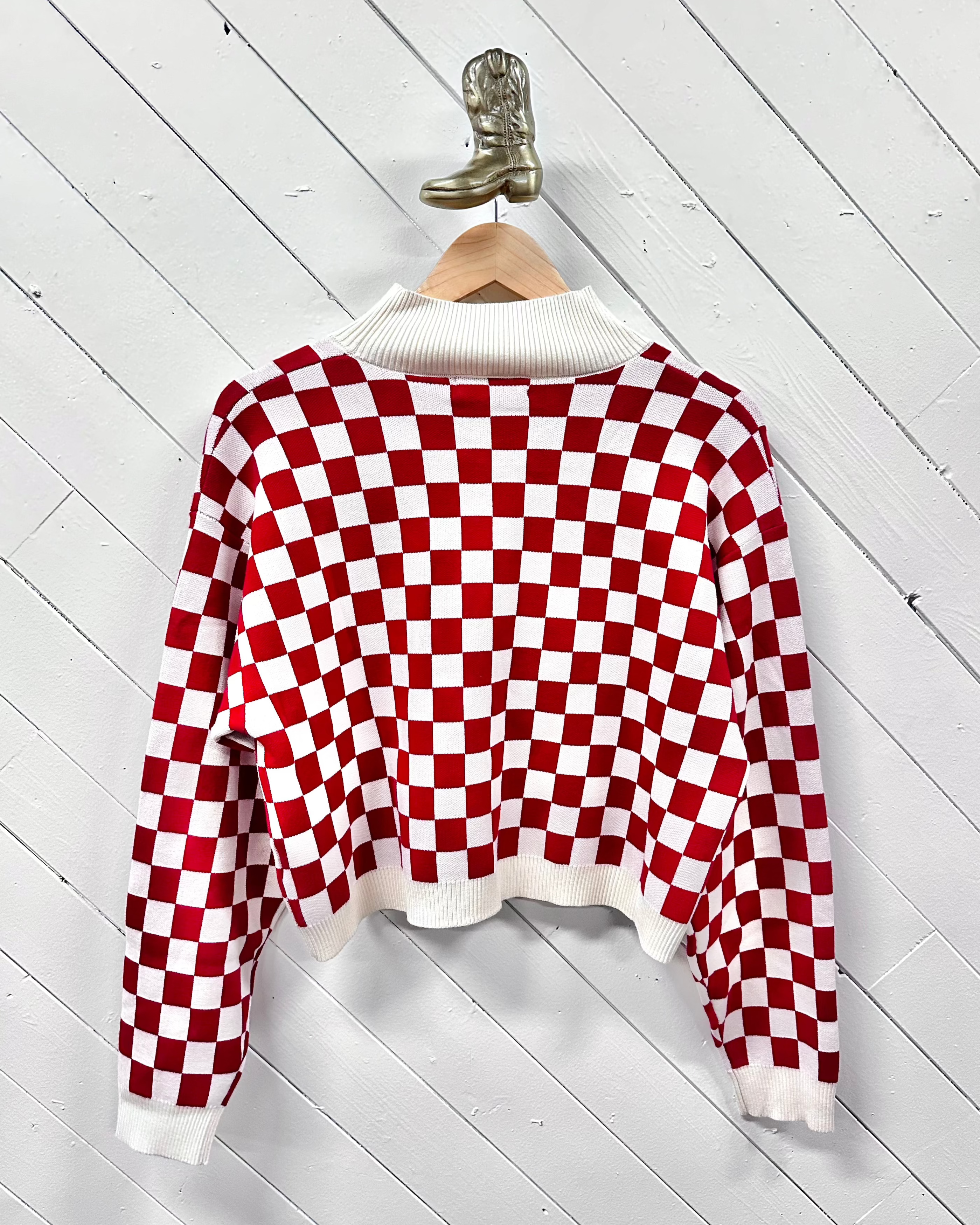 Buckeyes Red and Cream Checkered Sweater - Mock Neck Crop Top