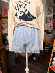 Lace Trim Satin Shorts - Light Blue