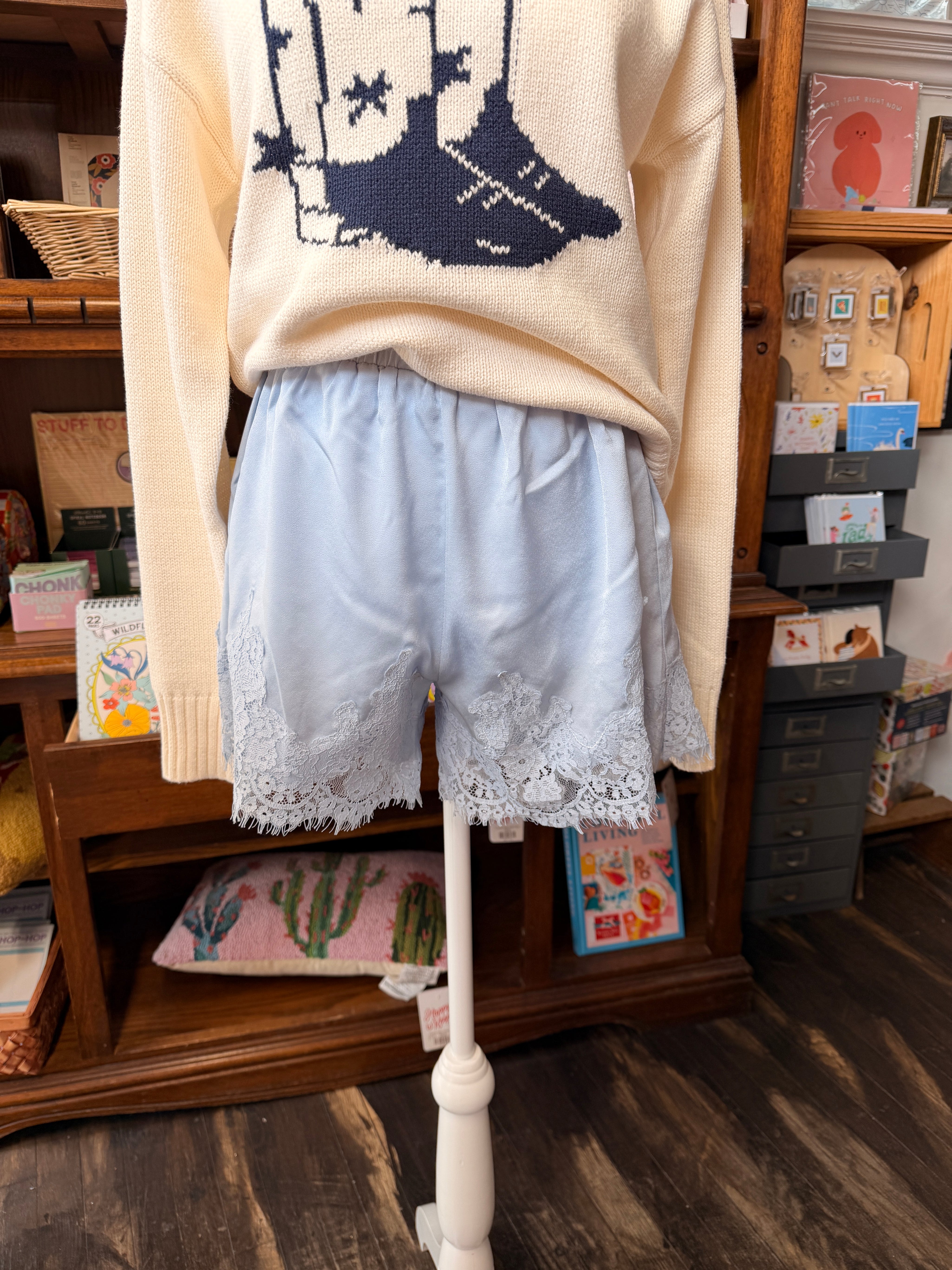 Lace Trim Satin Shorts - Light Blue