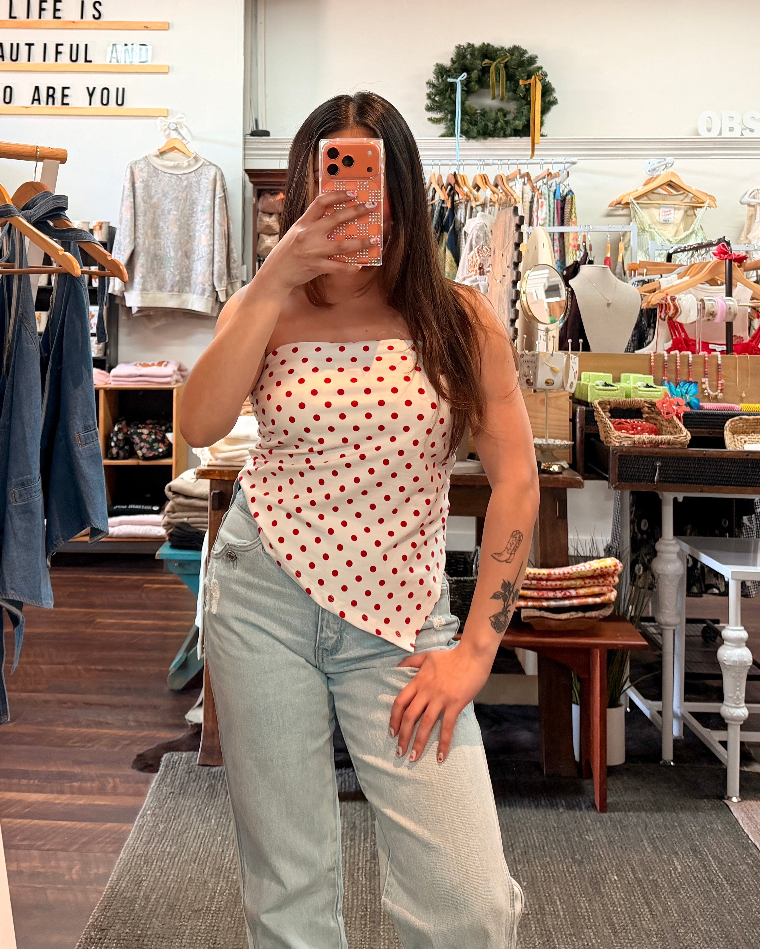 Polka Dot Asymmetrical Tube Top - Red/White