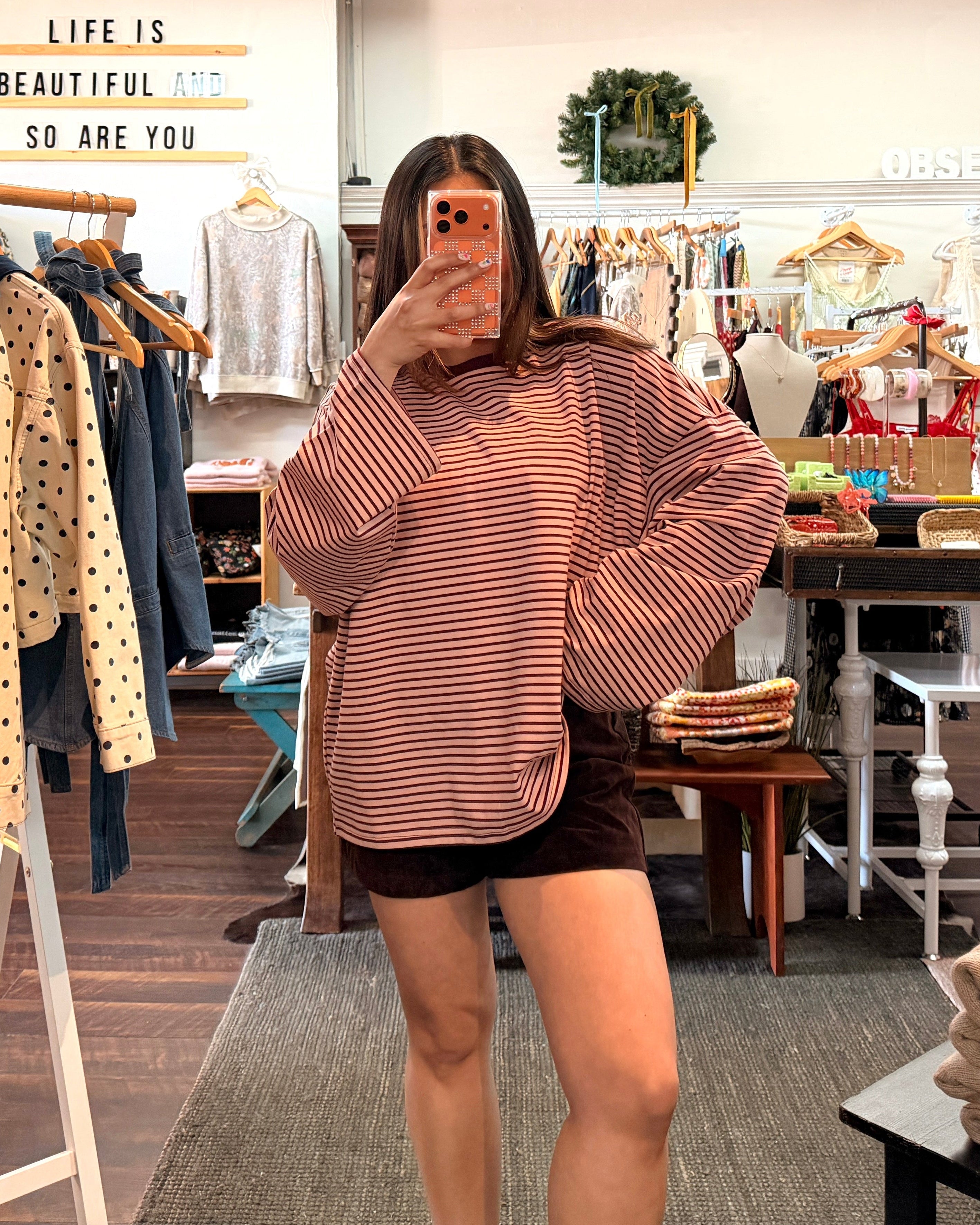 Berry Striped Oversized Long Sleeve Shirt