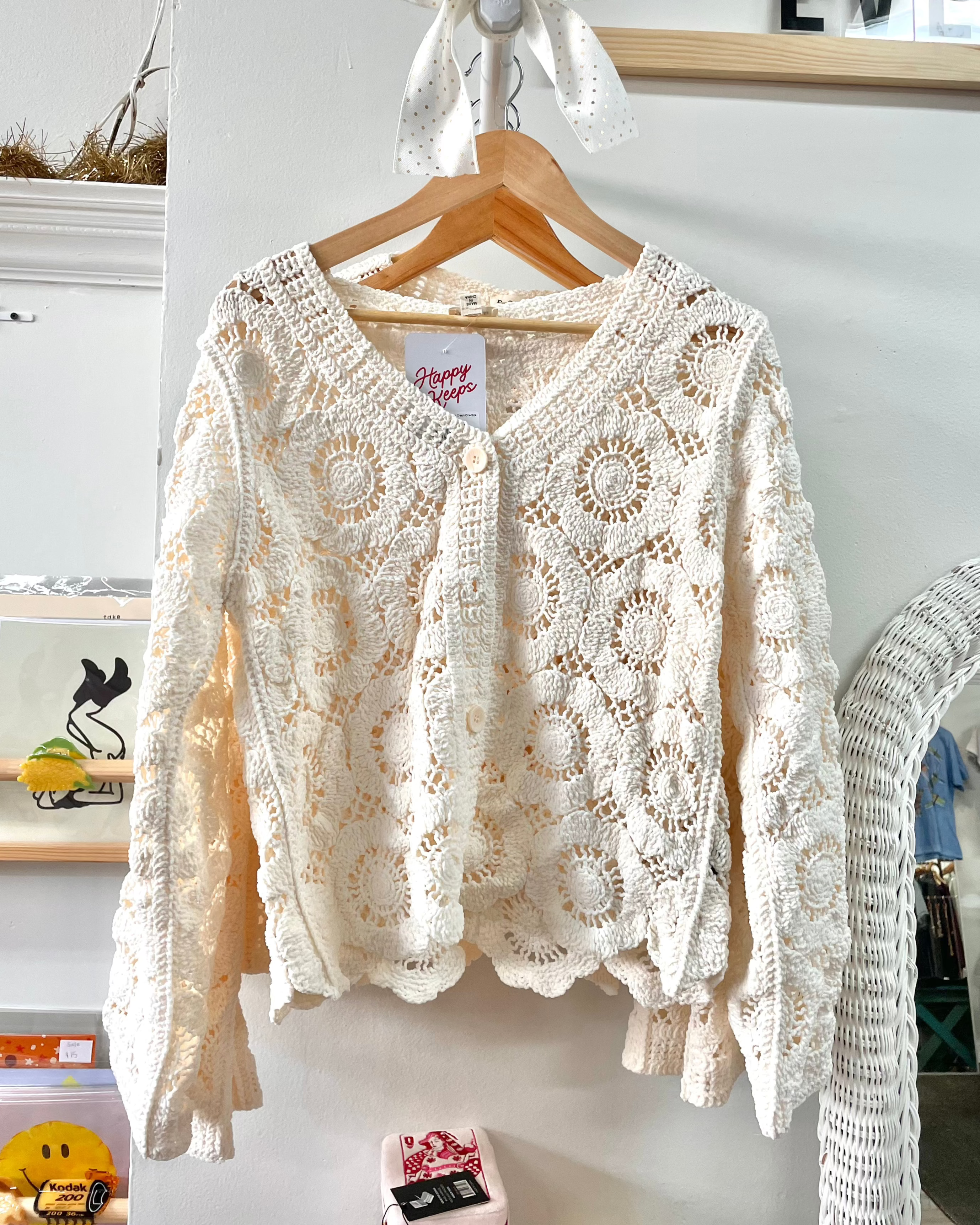 Button Up Crochet Cardigan Cream/One Size