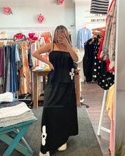 Flower Icon Linen Midi Skirt - Black