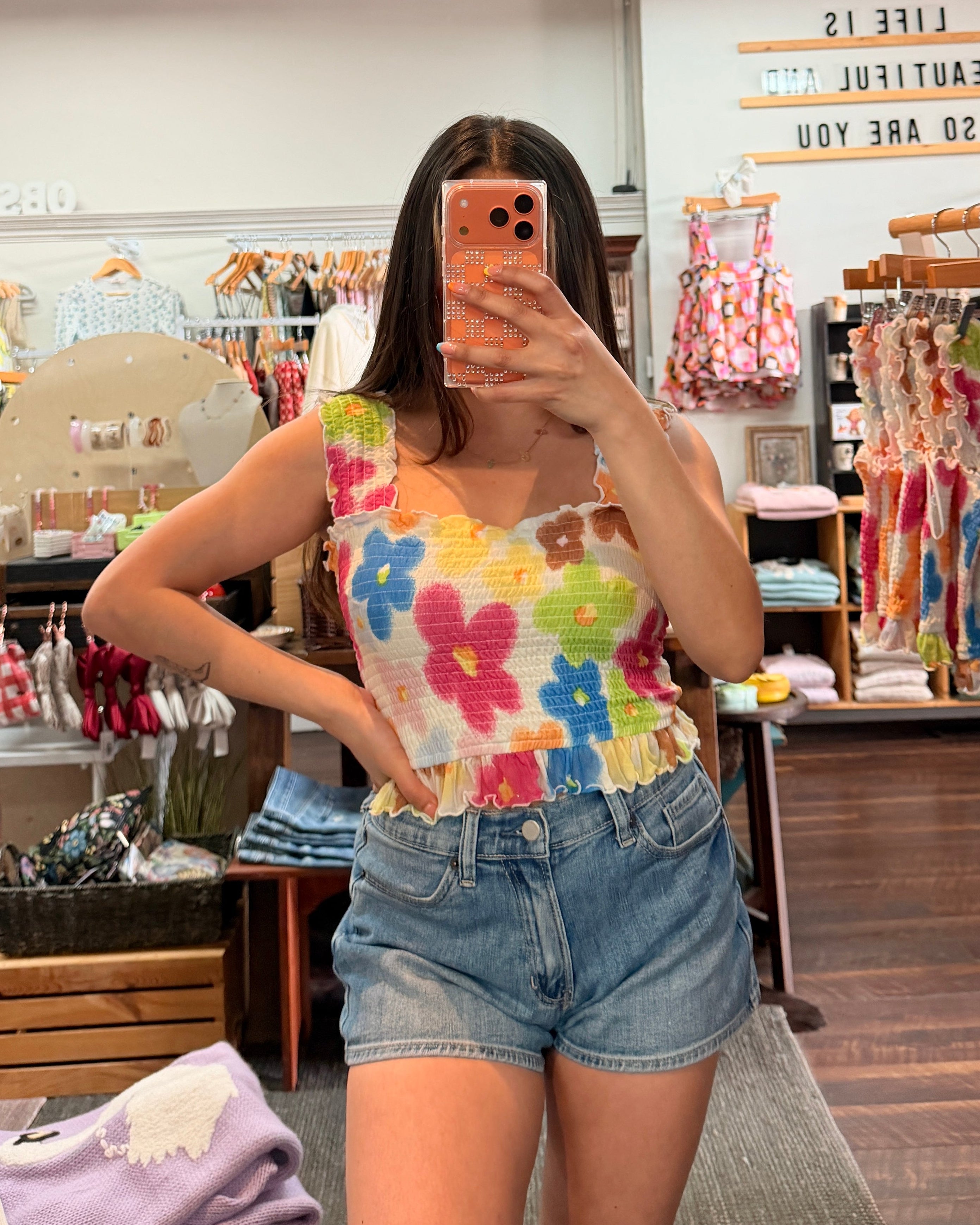 Colorful Flowers Smocked Top