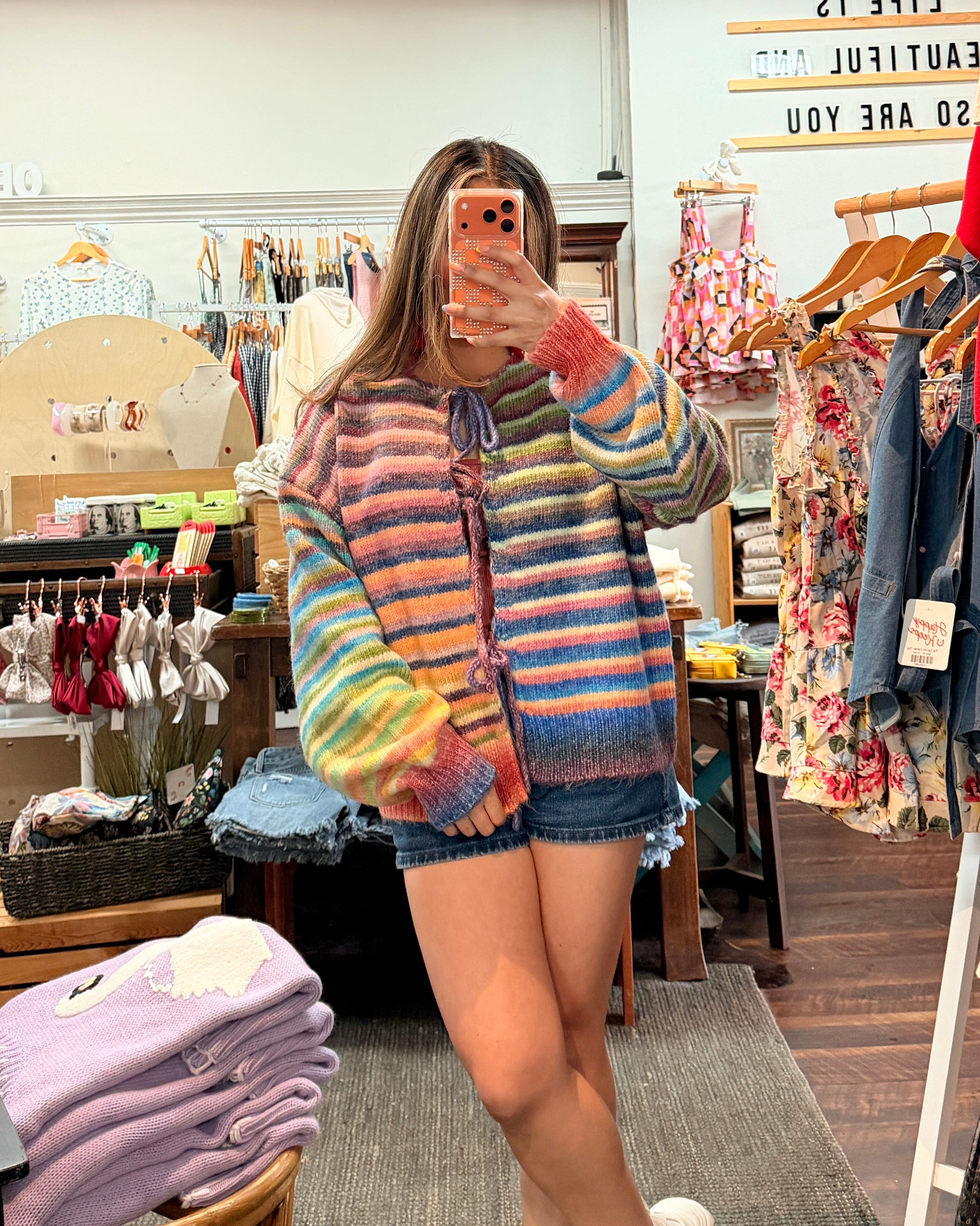 Rainbow Striped Tie Front Knit Cardigan