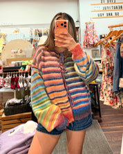 Rainbow Striped Tie Front Knit Cardigan