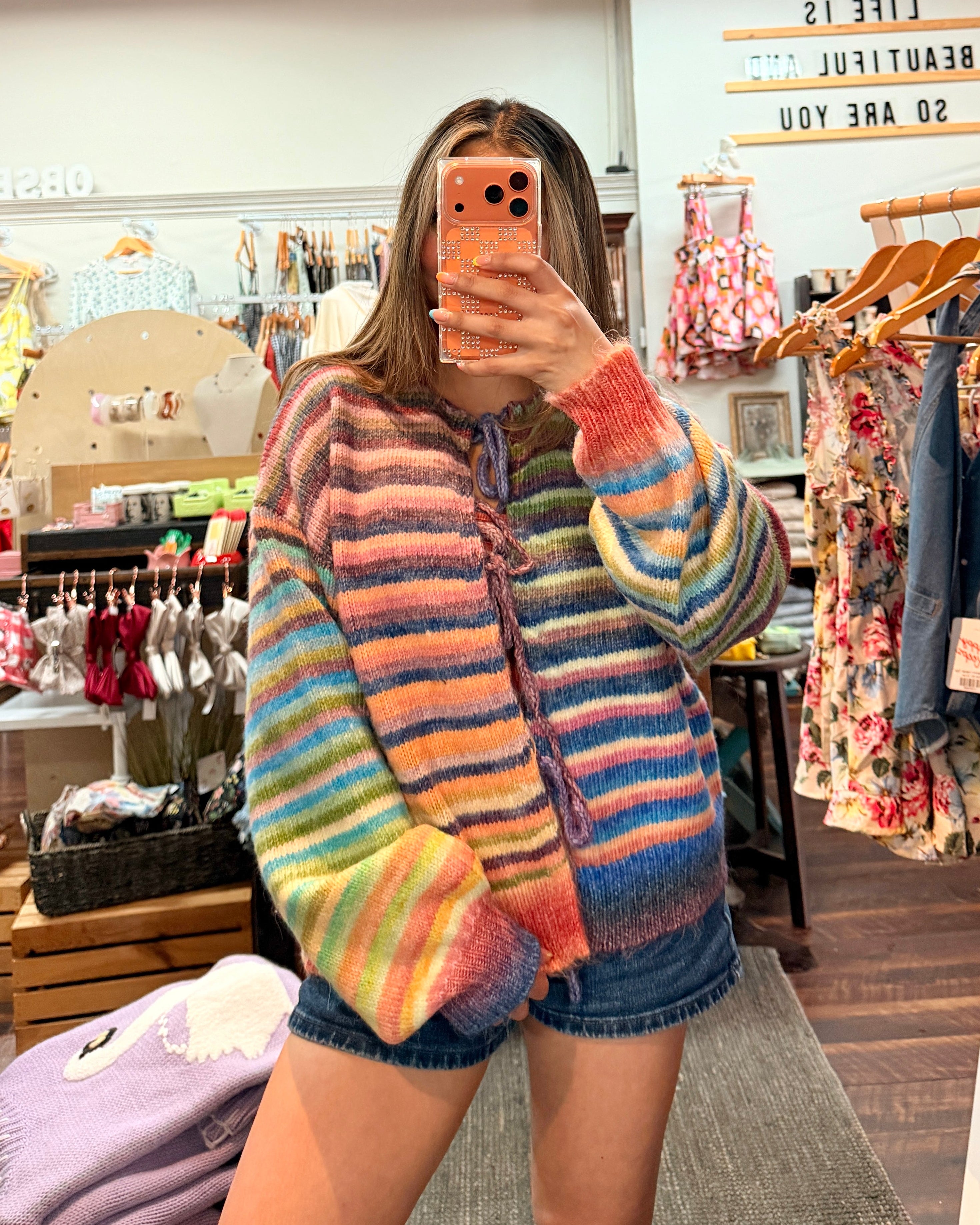Rainbow Striped Tie Front Knit Cardigan