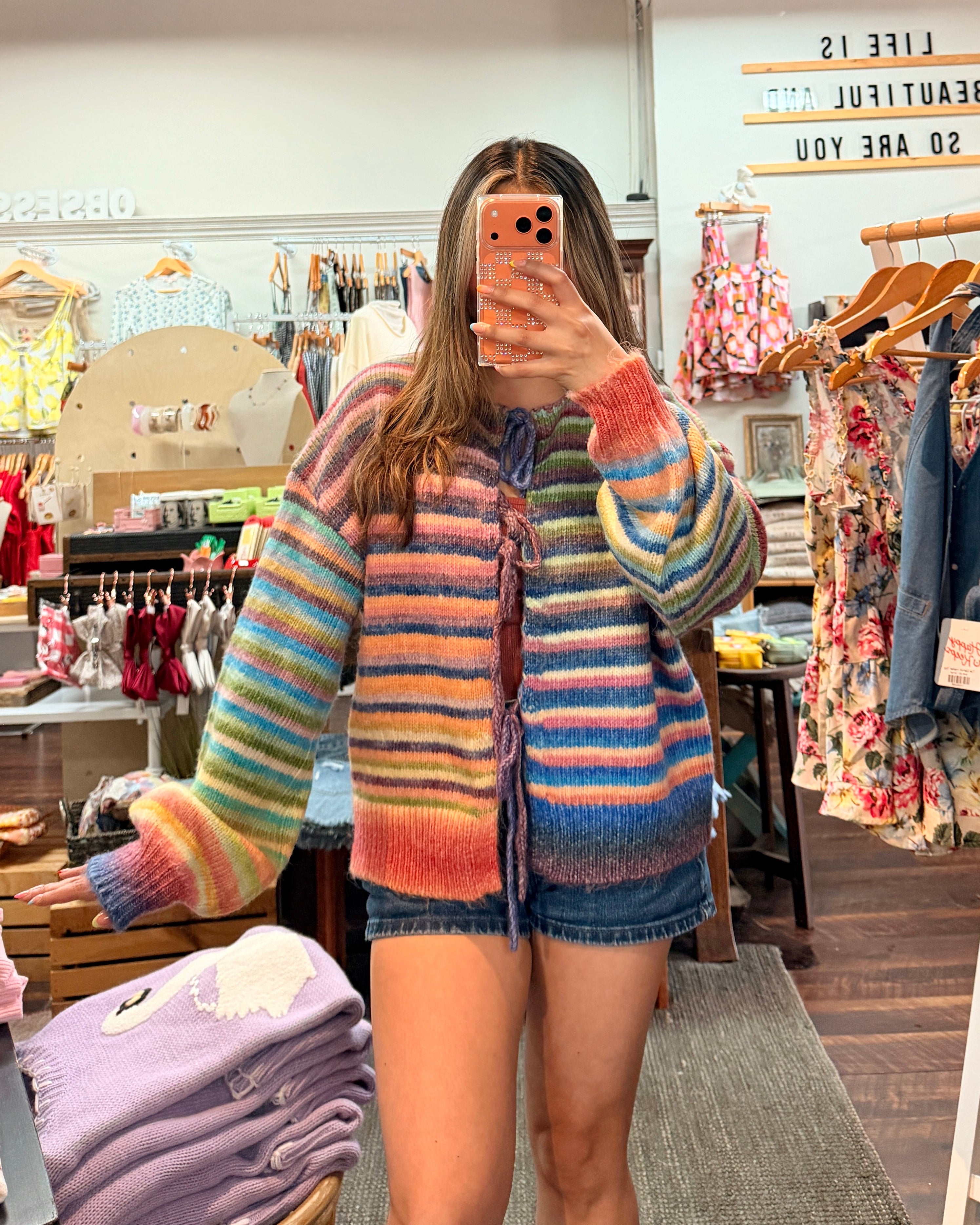 Rainbow Striped Tie Front Knit Cardigan