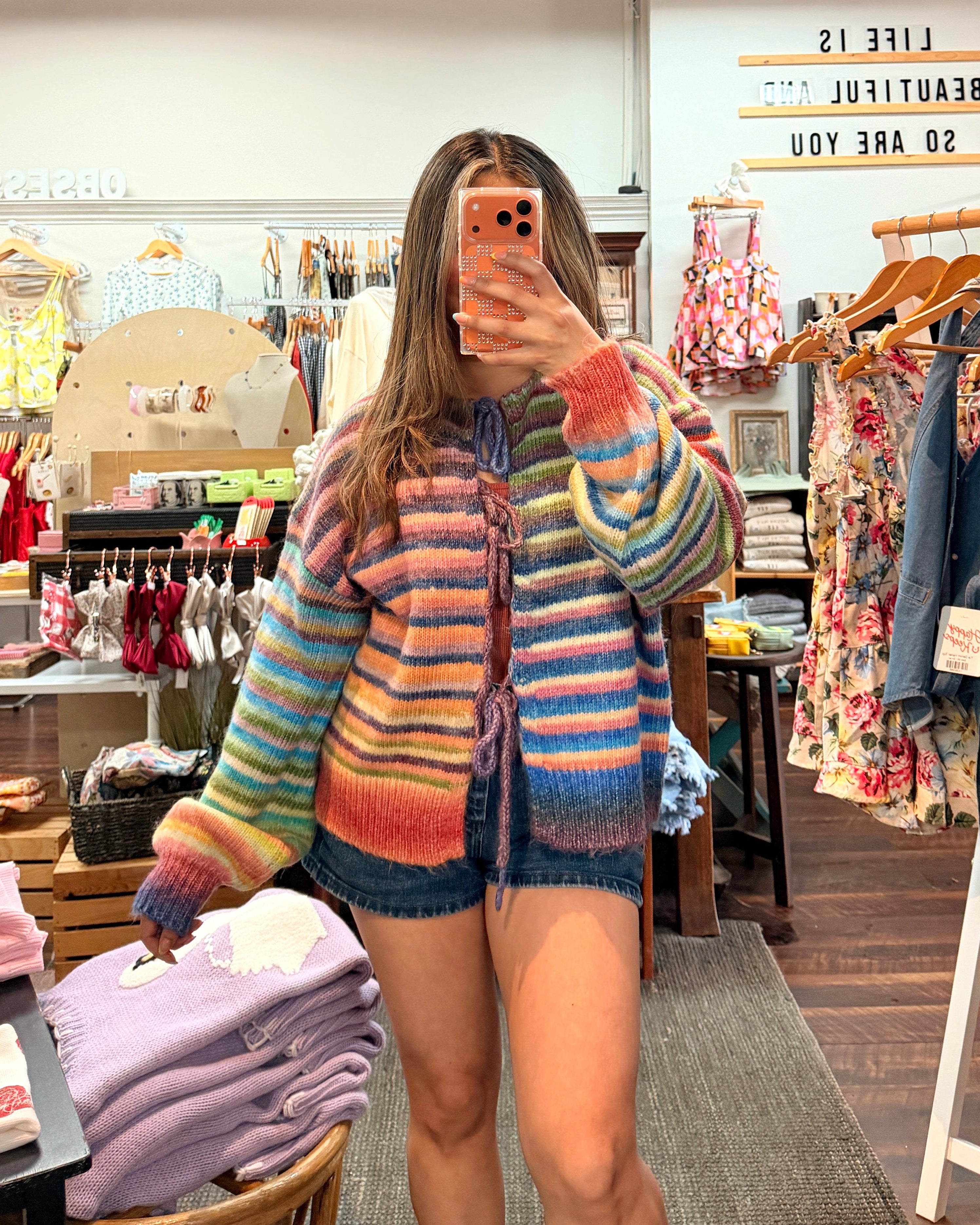 Rainbow Striped Tie Front Knit Cardigan