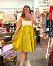 Olive Green and White Color Block Mini Dress