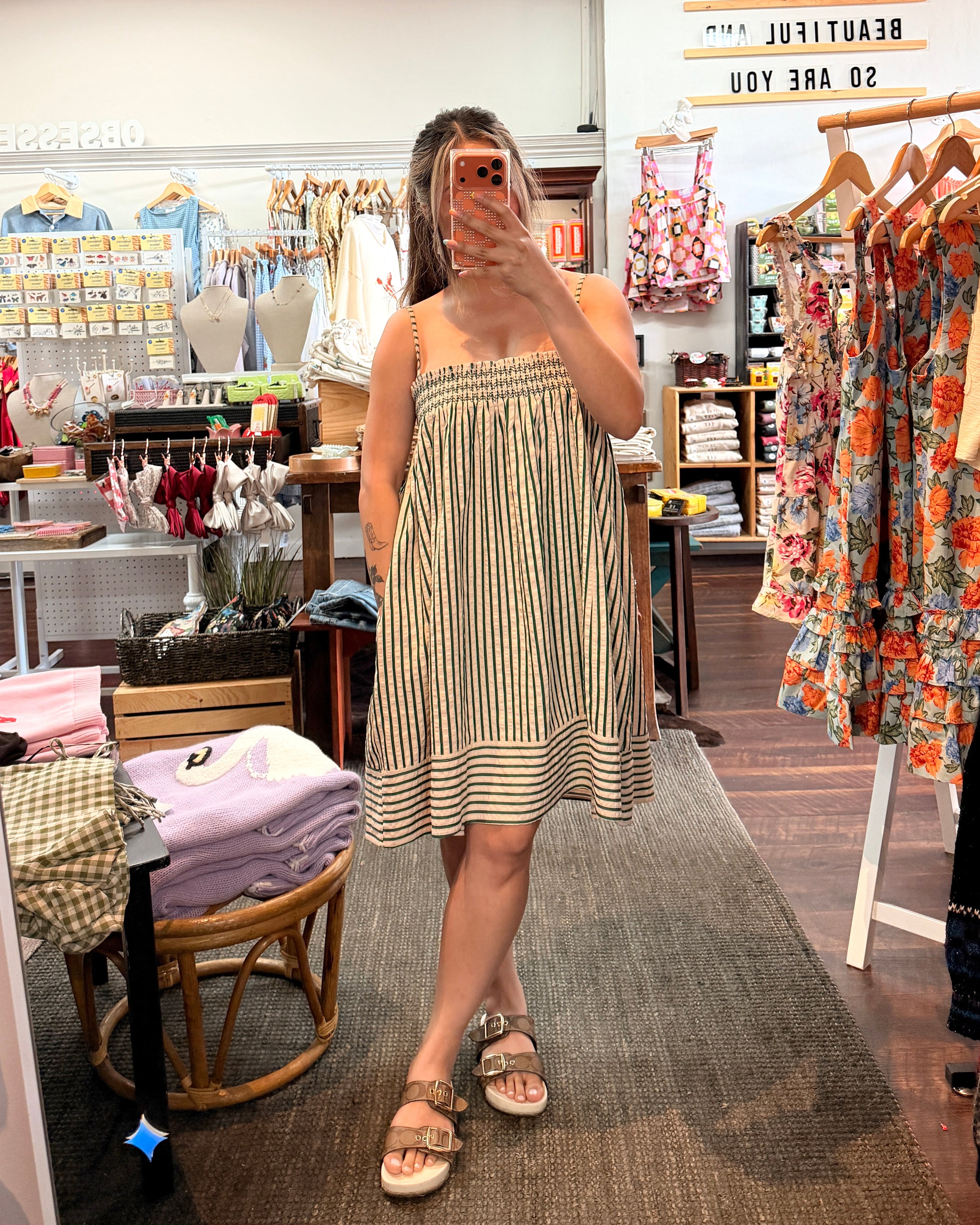 Green Striped Flowy Smocked Dress