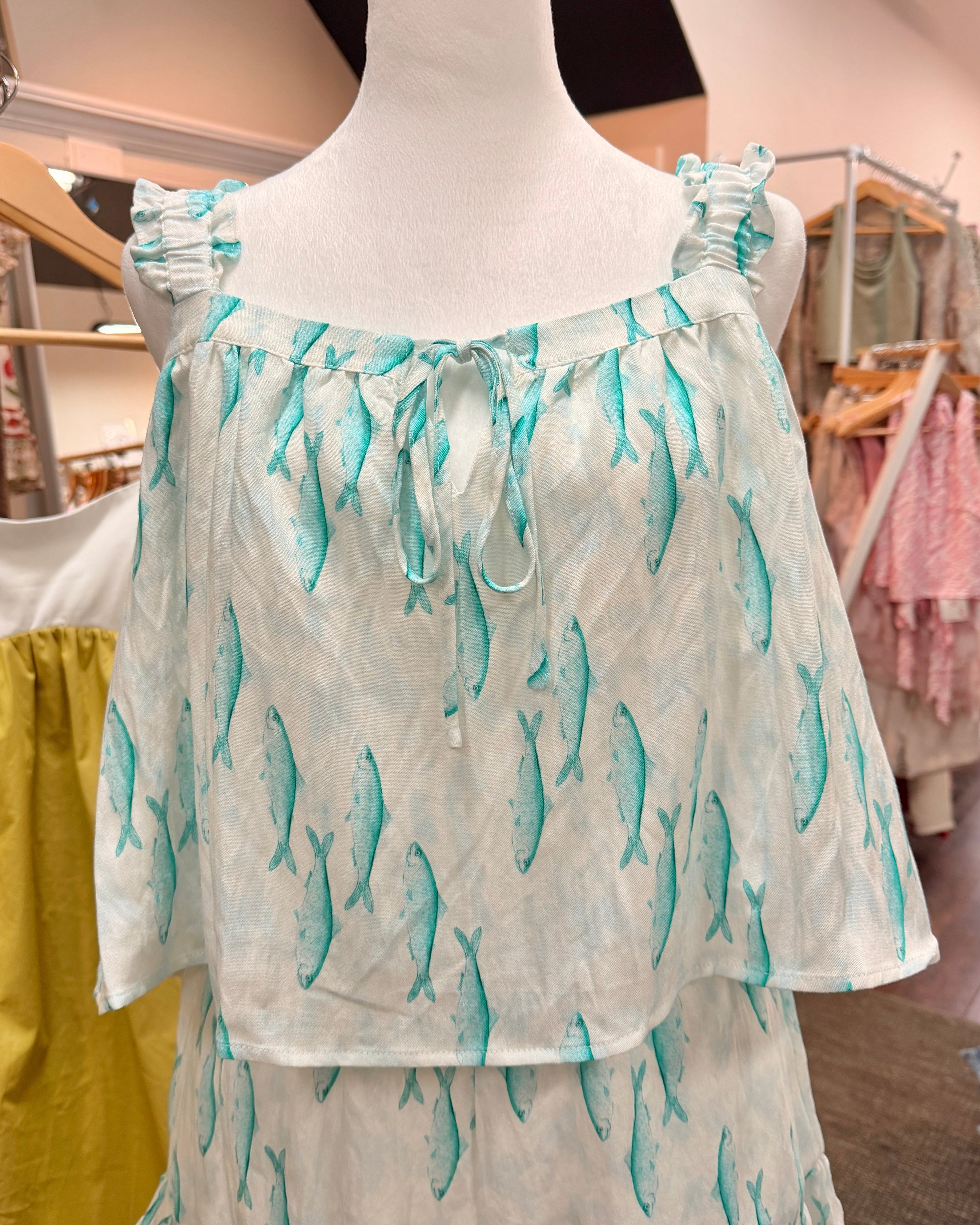 Fish Print Ruffle Top