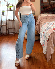 Floral Cutout Barrel Jeans
