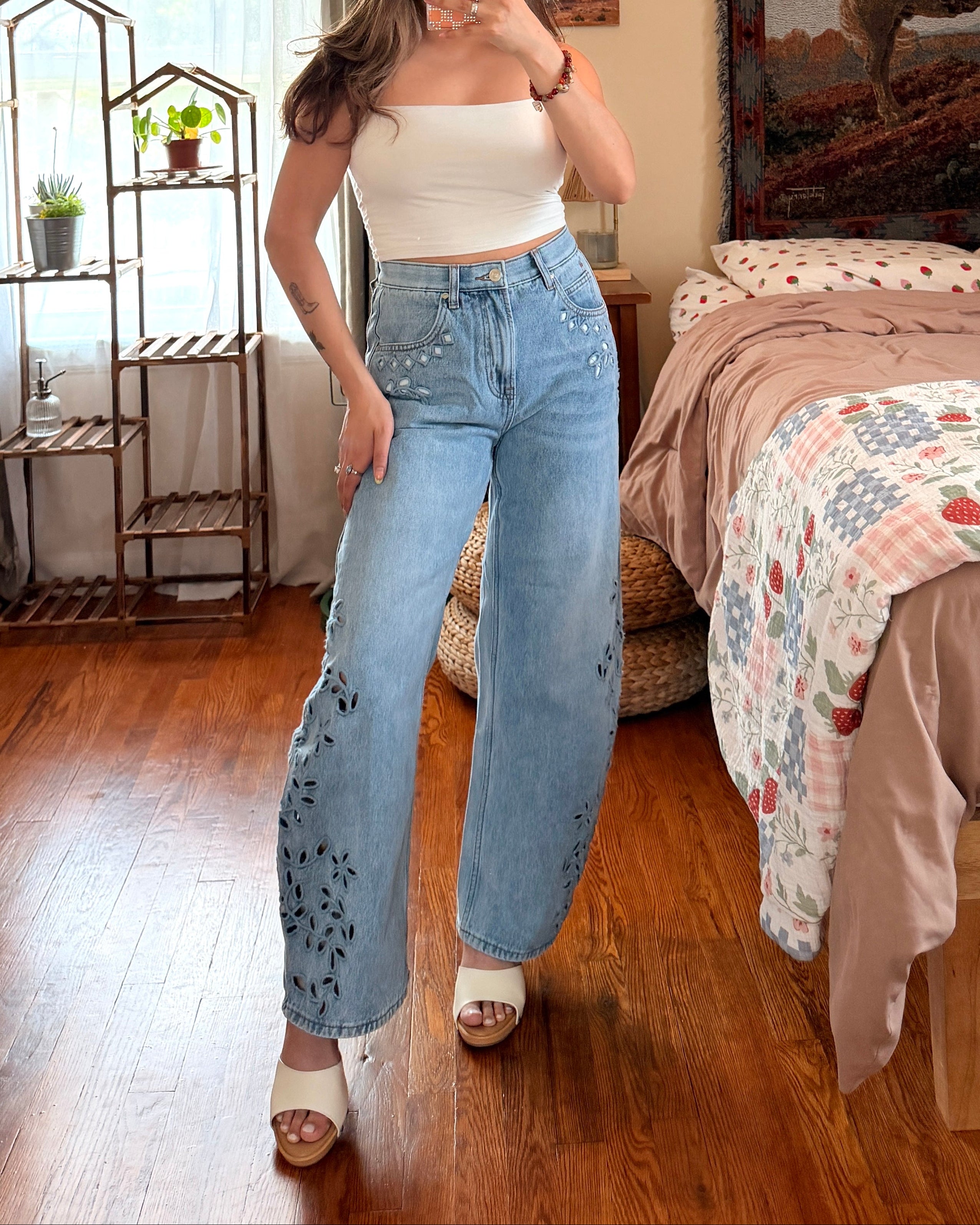 Floral Cutout Barrel Jeans