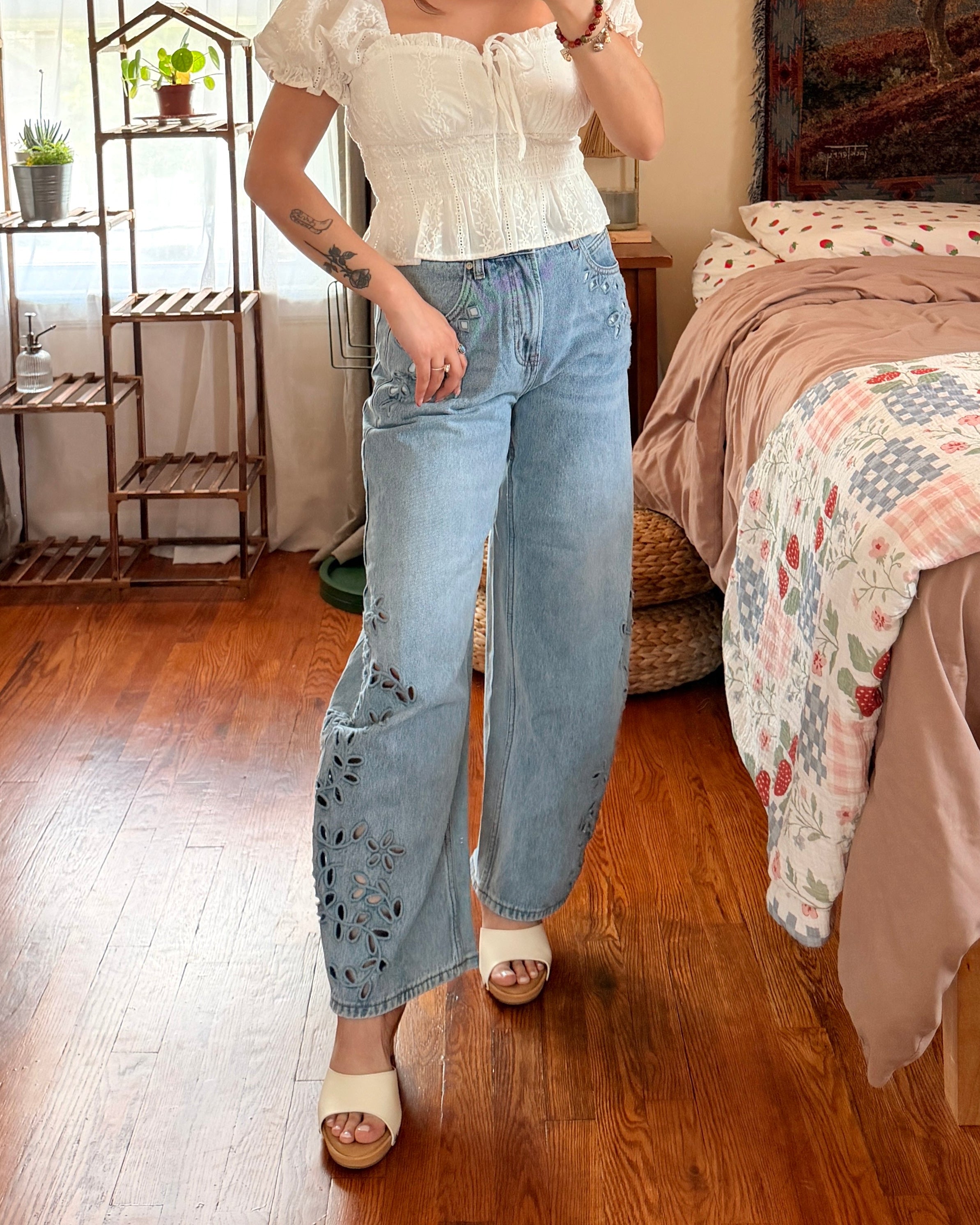 Floral Cutout Barrel Jeans