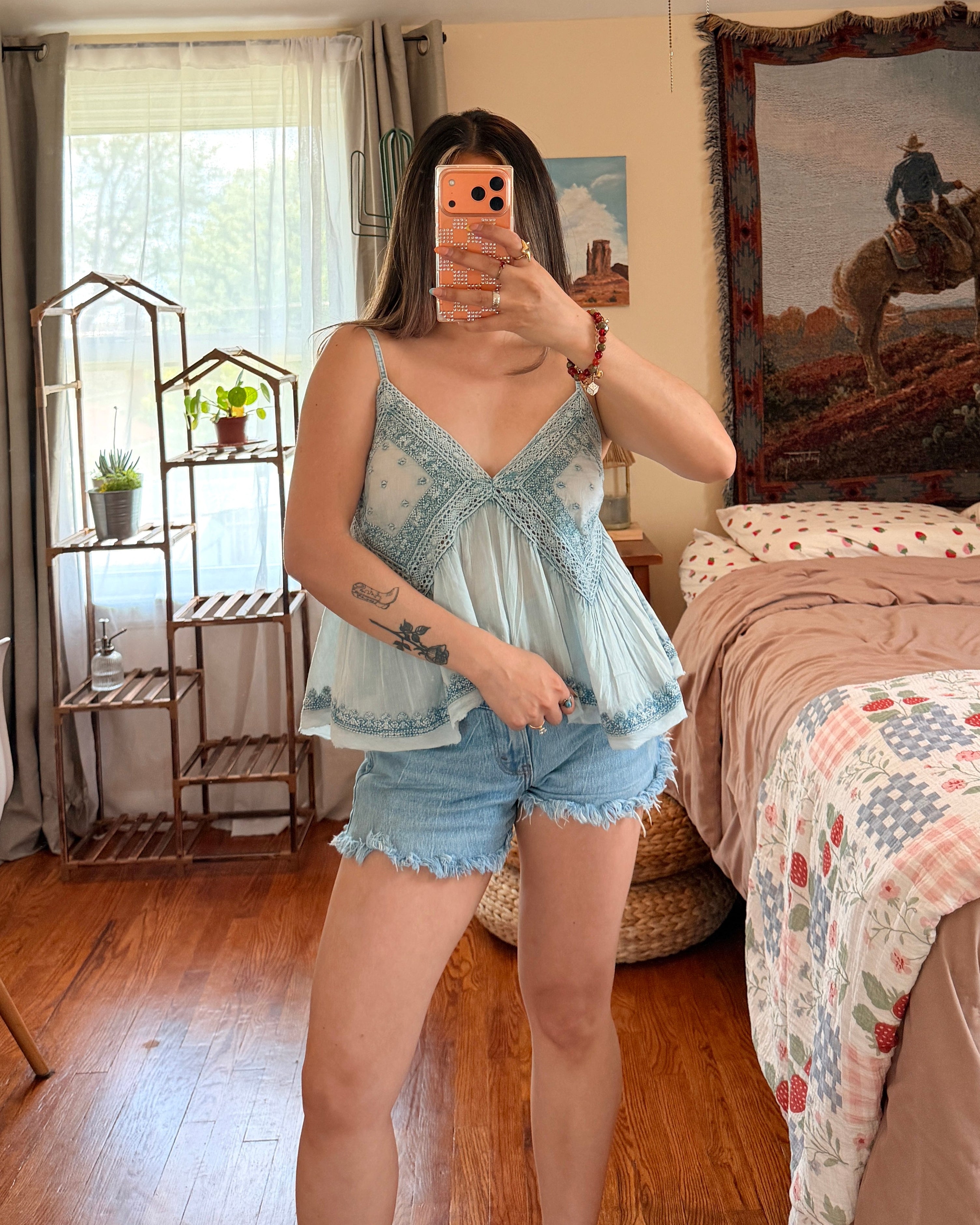 Embroidered Woven Tank Top - Blue
