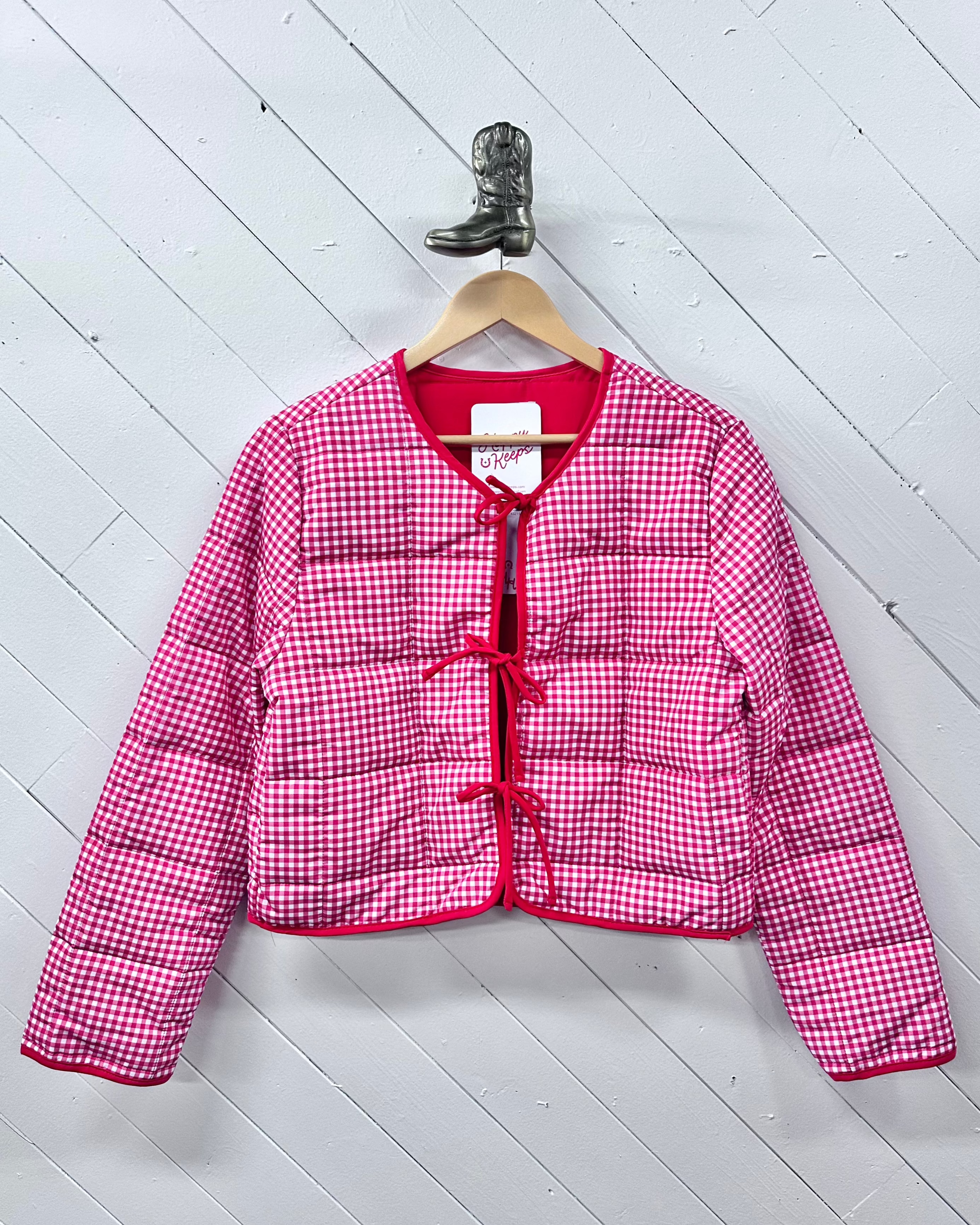 Gingham Quilted Tie-Front Jacket - Red