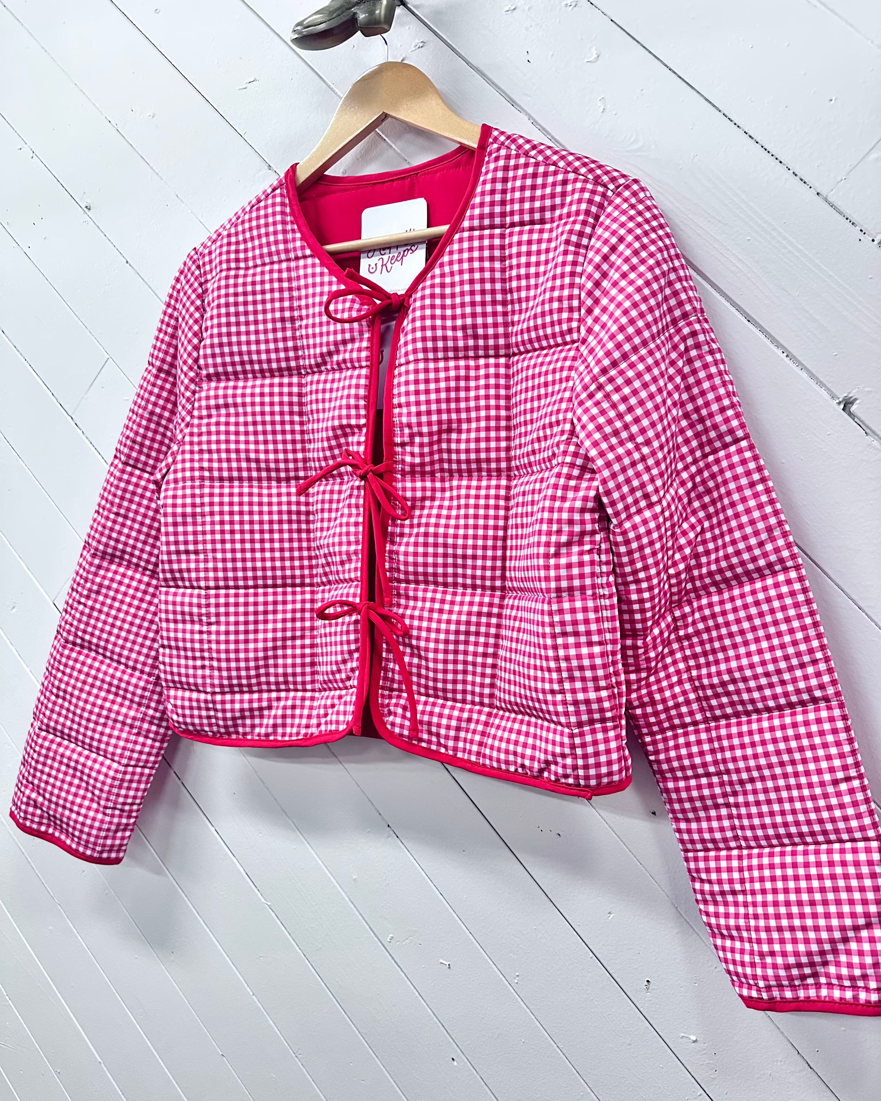 Gingham Quilted Tie-Front Jacket - Red
