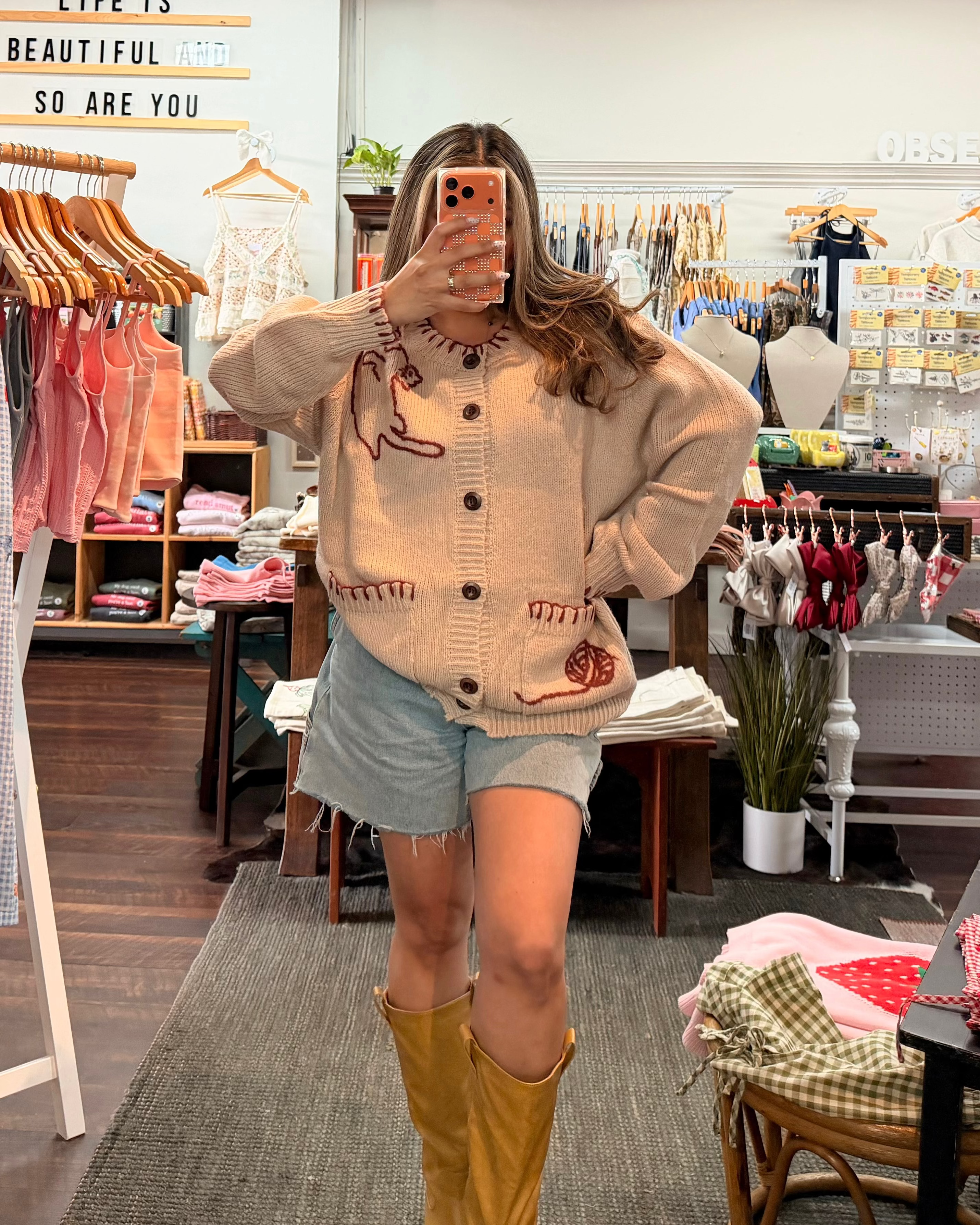 Cat Knit Cardigan - Tan